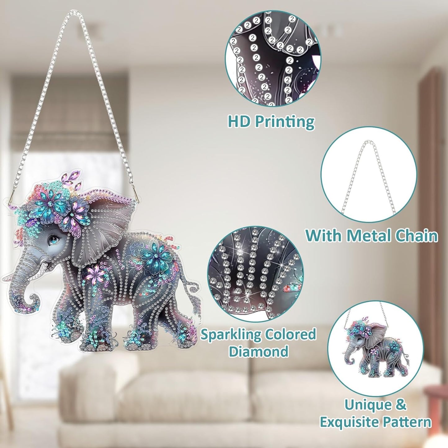 SENQAO Elephant Diamond Art Hanging Kit for Adult, Special Shaped Rhinestone, Double Sided DIY Acrylic Diamond Art Painting Window Pendants Home Garden Wall Hanging Kits Hanging Ornament