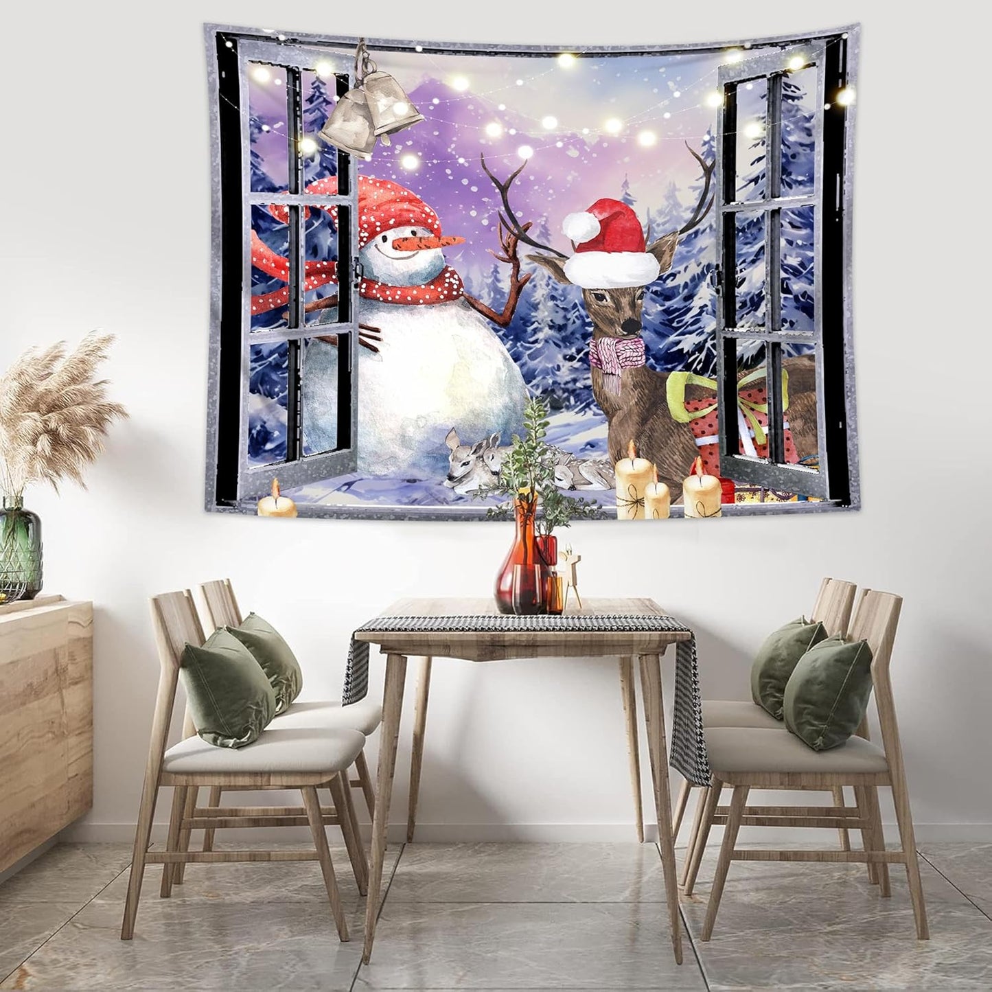 QGHOT Christmas Window Tapestry Wall Hanging Christmas Backdrop Winter Window Wall Decor Xmas Snowman Deer Tapestries for Bedroom Living Room Dorm Holiday Party Decoration, Extra Large