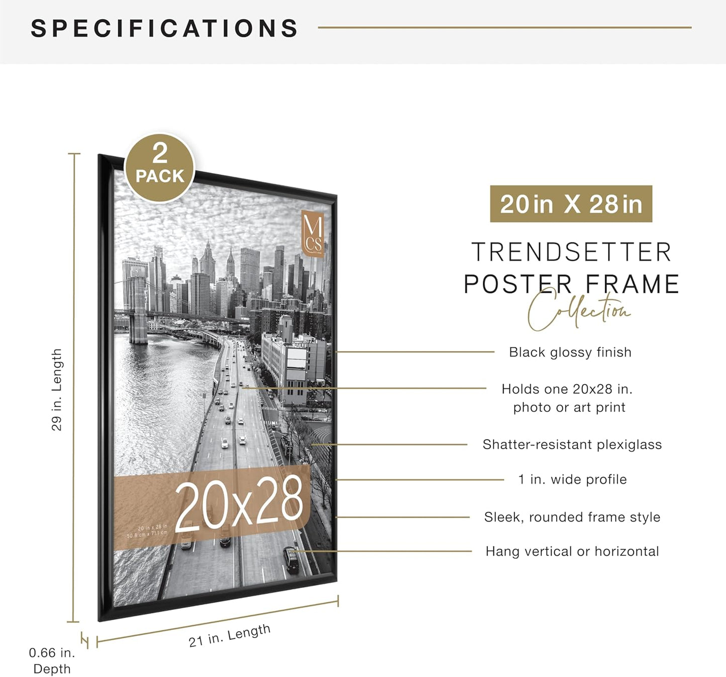 MCS Trendsetter Poster Frame, Black, 20 x 28 in, 2 pk
