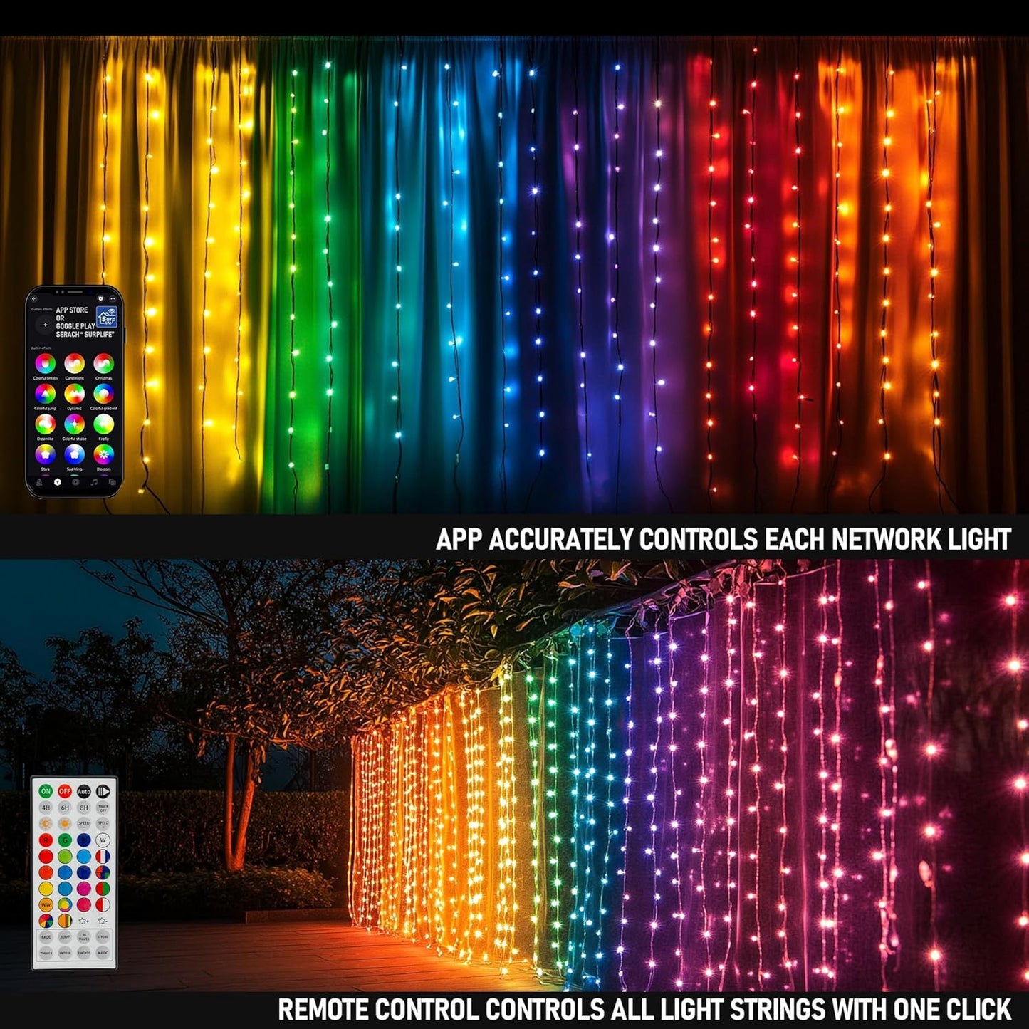 Dazzle Bright 300 LED Curtain String Lights, RGB Color Changing Christmas Fairy Lights for Bedroom with Remote & APP Control, Waterproof Smart Window Lights Party Wedding Garden Wall Decor