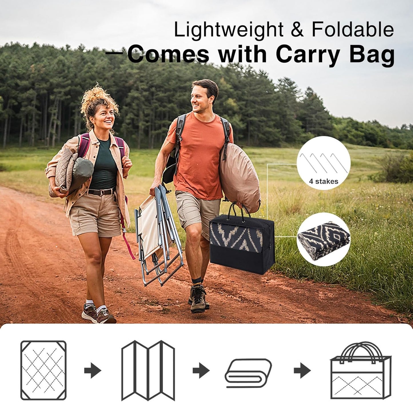 OLANLY Outdoor Rug 6x9 ft Waterproof, Outdoor Plastic Straw Rug with Geometric Pattern Clearance, Reversible RV Mat for Patio, Camping, Balcony, Deck, Backyard, Black & Beige