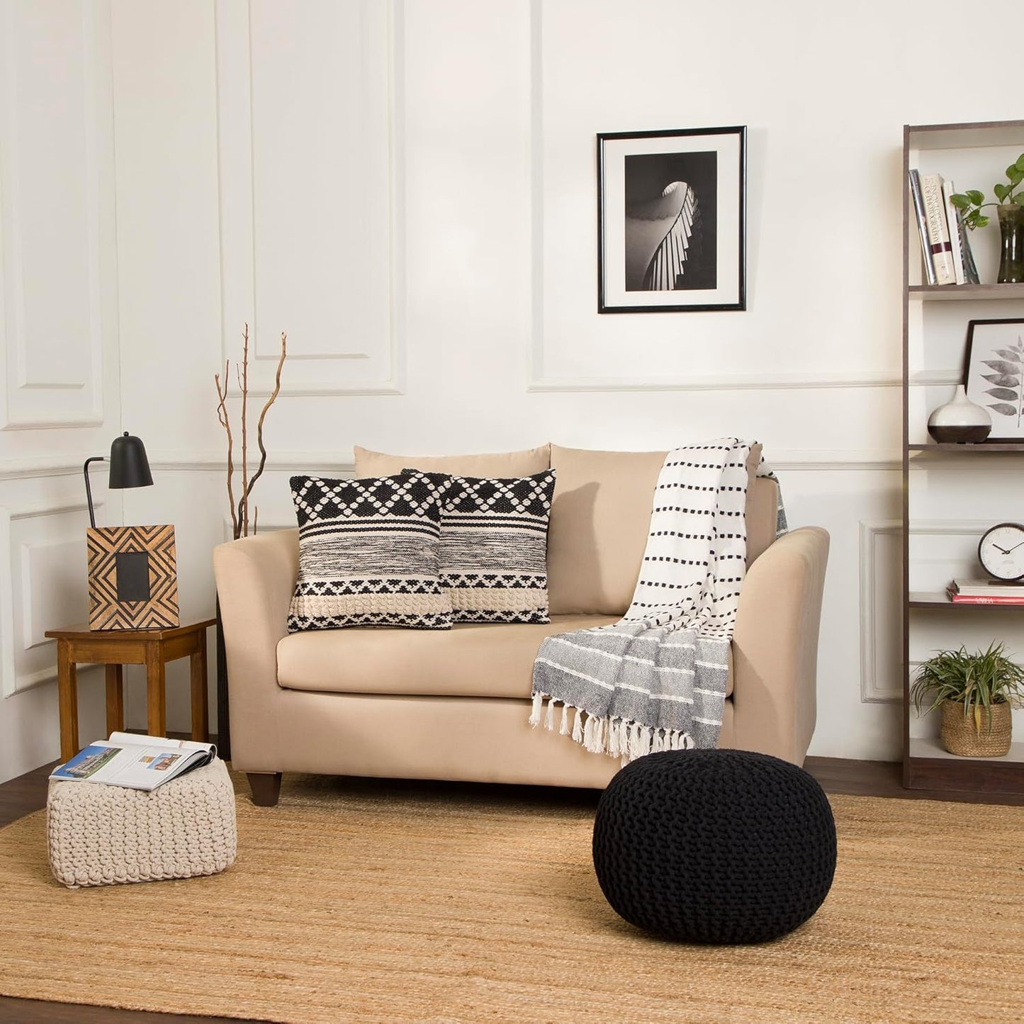 REDEARTH · Cube Low Pouf Foot Stool Ottoman - Hand Knitted Poof - Cord Boho Pouffe - Home Décor - Stuffed Footrest for Living Room - Nursery - Bedroom - Covered Patio - Room (16" x 16" x 8") - Ivory