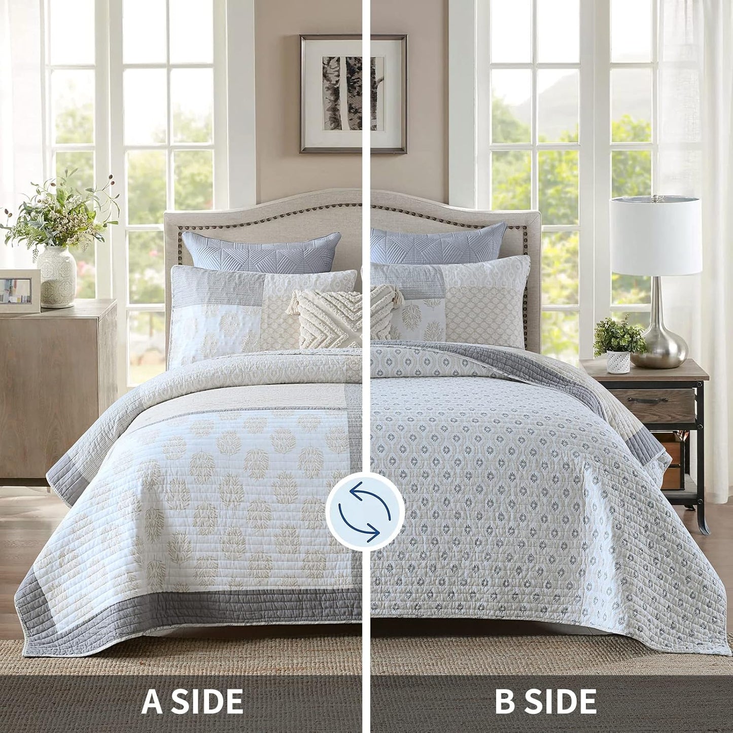 PANGUSHAN Quilt Set King Size, 100% Cotton Bedspread Quilt Bedding Set, Floral Patchwork Quilt Set for King Bed, Moonbeam Bed Spread, Lightweight Comforter Reversible Quilt, All Season, 3 Pieces