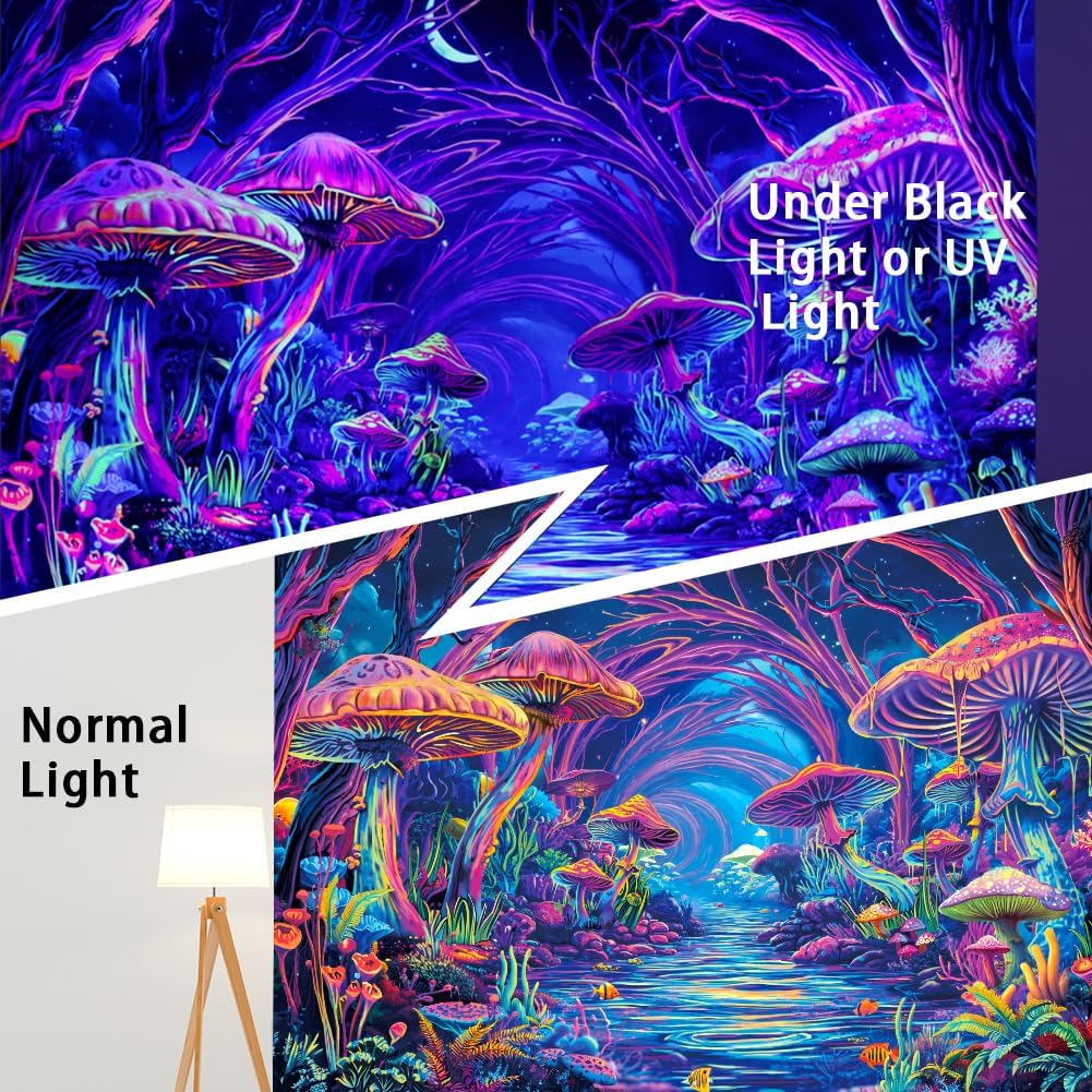 Yuiqear Blacklight Forest Tapestry UV Reactive Mushroom Tapestries Fantasy Landscape Wall Decor Aesthetic Plant Floral Tapestry Wall Hanging for Bedroom
