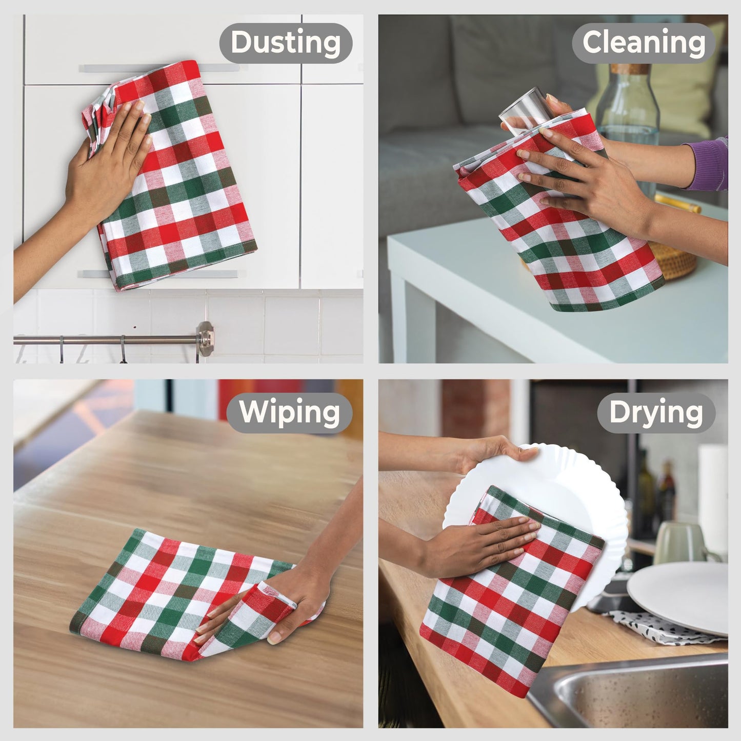 Christmas Kitchen Towels Set (6 Pack) – 100% Cotton, Absorbent Dish Cloths with Hanging Loop (X-Mas Checks, 20"x30")