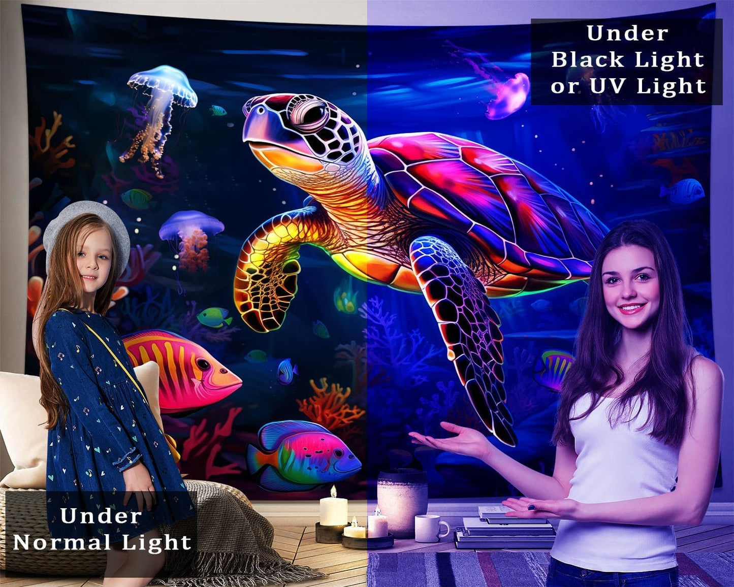 QGHOT Turtle Tapestry, Blacklight Ocean Tapestry Wall Hanging Undersea Black Light Poster for Kids Glow in the Dark for Kids Bedroom Children Toddler Room Decor 90x70in