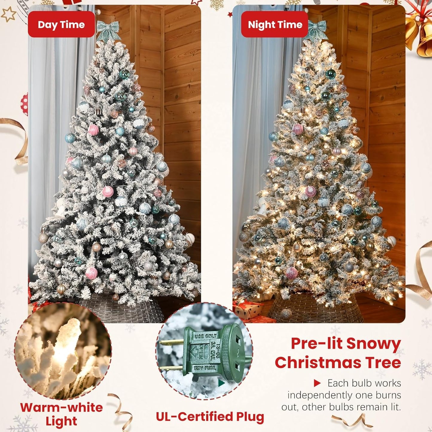 6ft Pre-lit Christmas Tree, Flocked Christmas Tree with 350 UL Lights & Pine Cones & 888 Tips, Snow Frosted Artificial Christmas Tree Prelit, Auto Hinged Spruce Xmas Tree for Holiday Decor