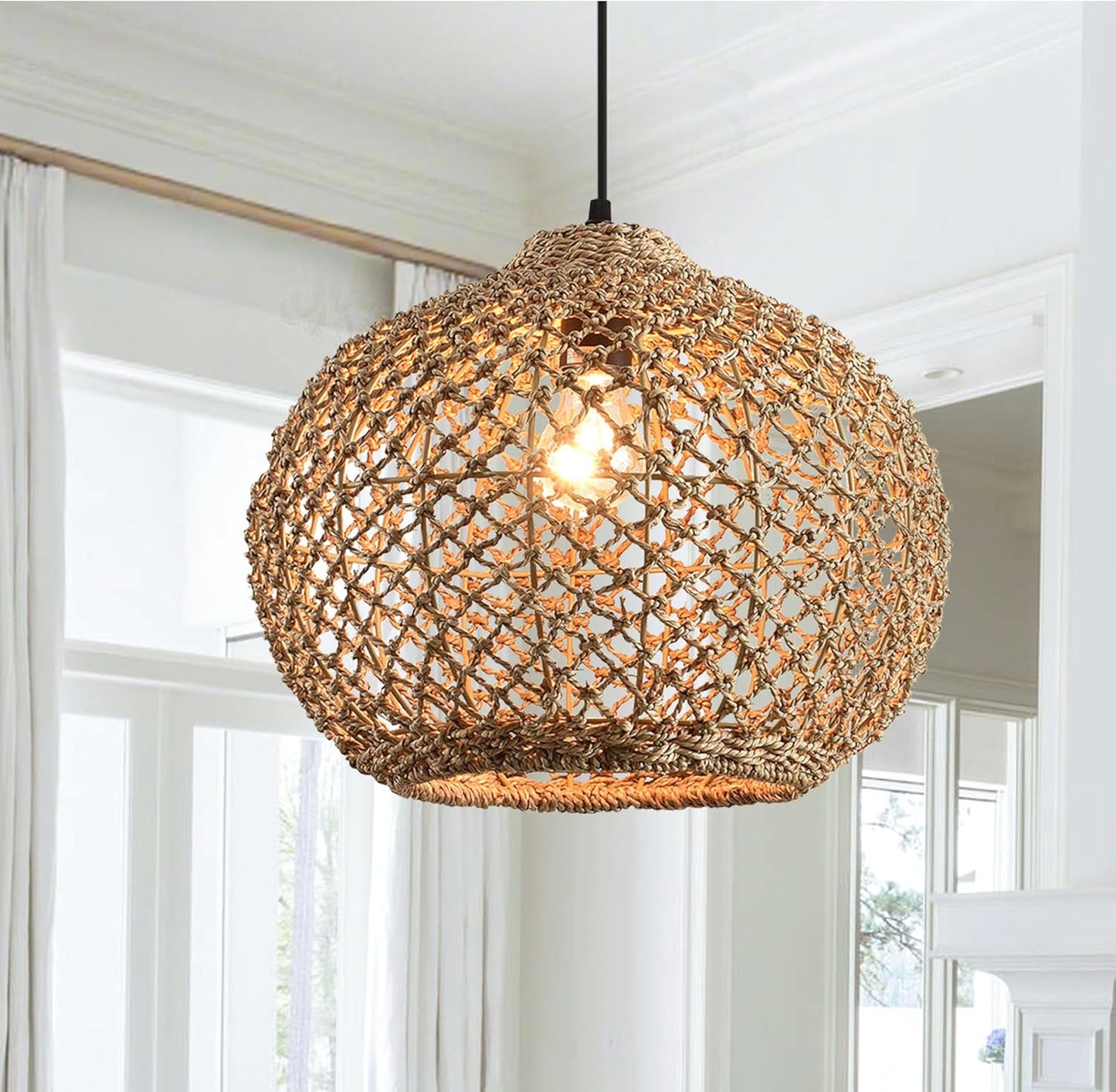 1-Pack 13.79” Rattan Pendant Light Fixture,1-Light Bohemian Handmade Woven Bamboo Wicker Suspension Farmhouse Chandelier for Kitchen Island Bedroom Living Room