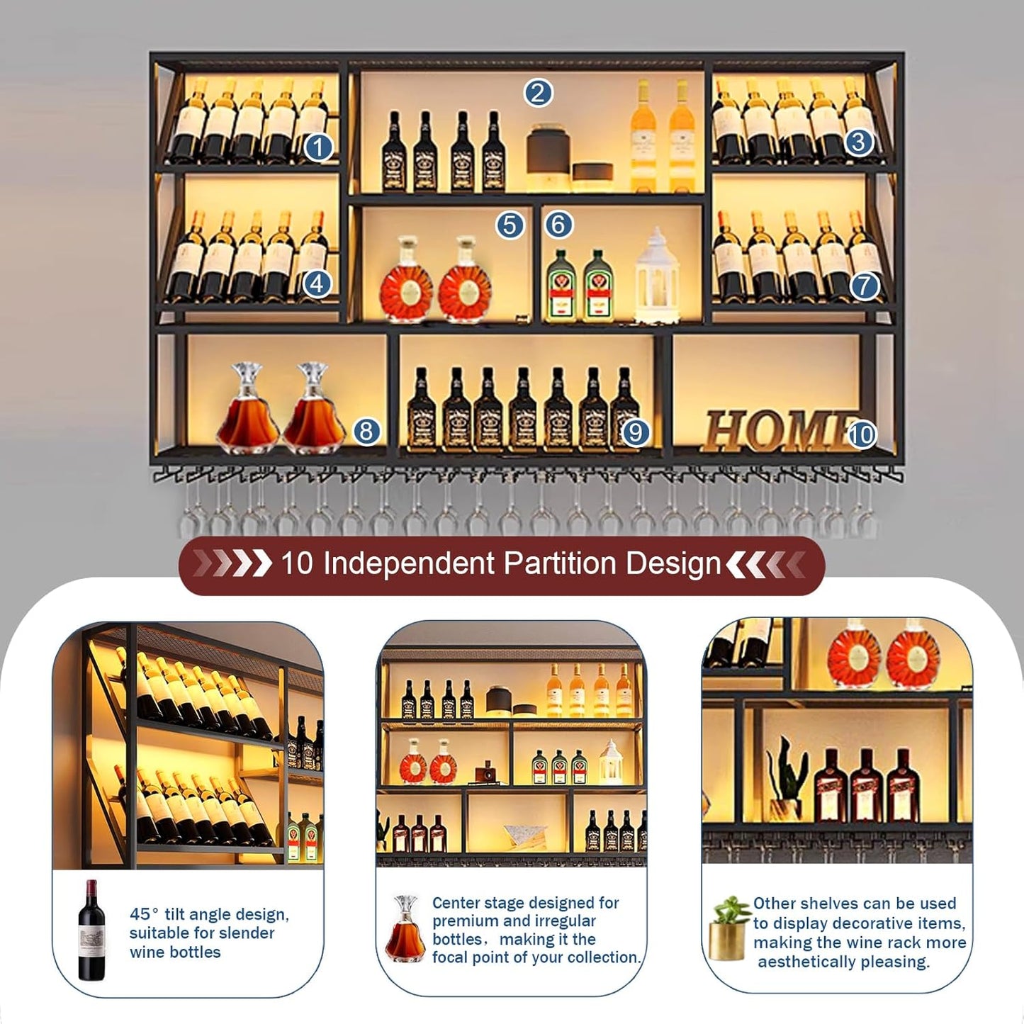 51Inch Wall Mounted Wine Rack, 3 Tiers Large Bar Shelves with 12 Glass Holder, Metal Wine Bottle Display Shelf, Modern Iron Liquor Shelf, for Kitchen Dining, Home Bar, Cellar (51.1" W)