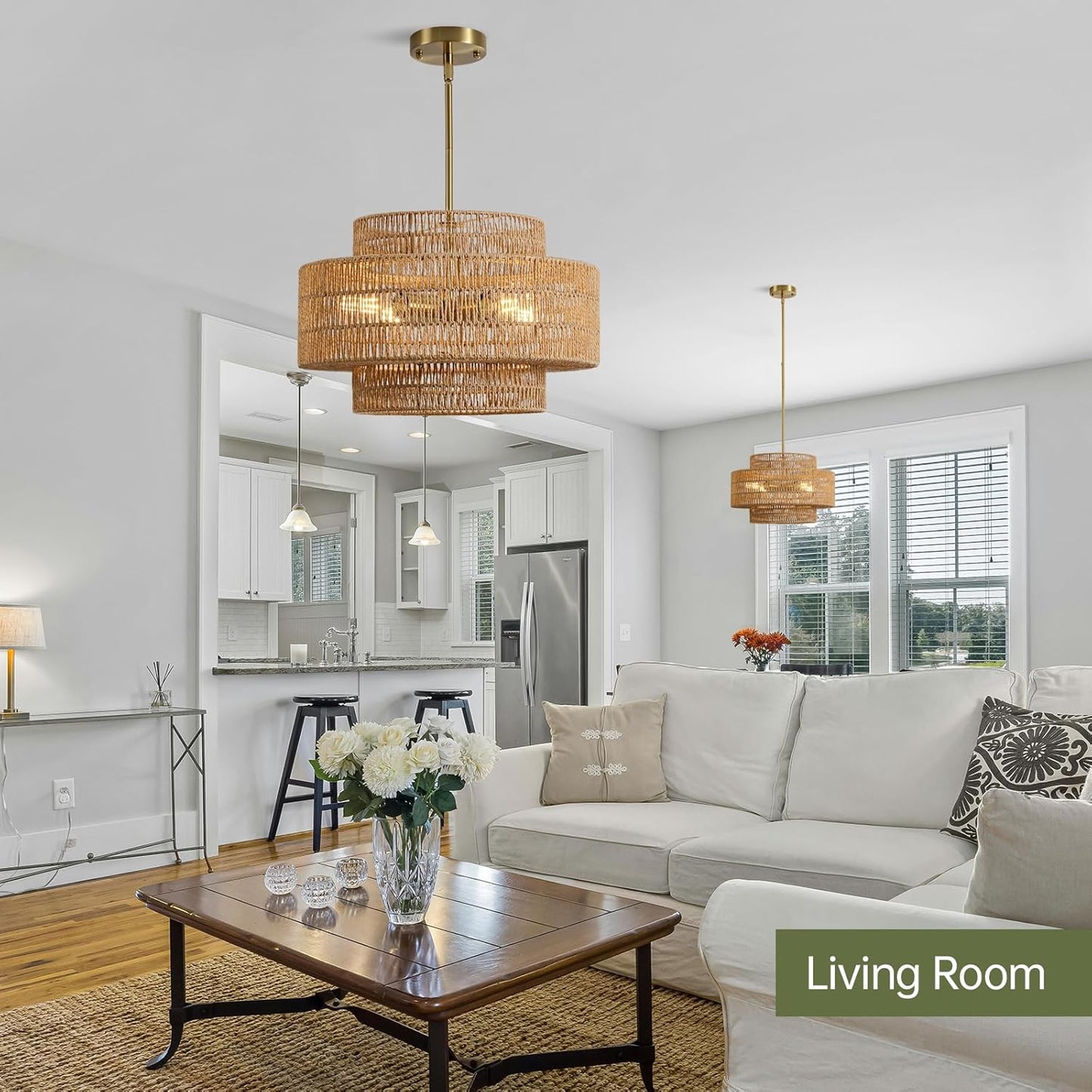 4-Light Boho Rattan Chandelier Light Fixture, 17.7” Hand Woven Rustic Chandeliers Farmhouse Chandelier Hanging Light for Dining Room Kitchen Island, Living Room, Foyer