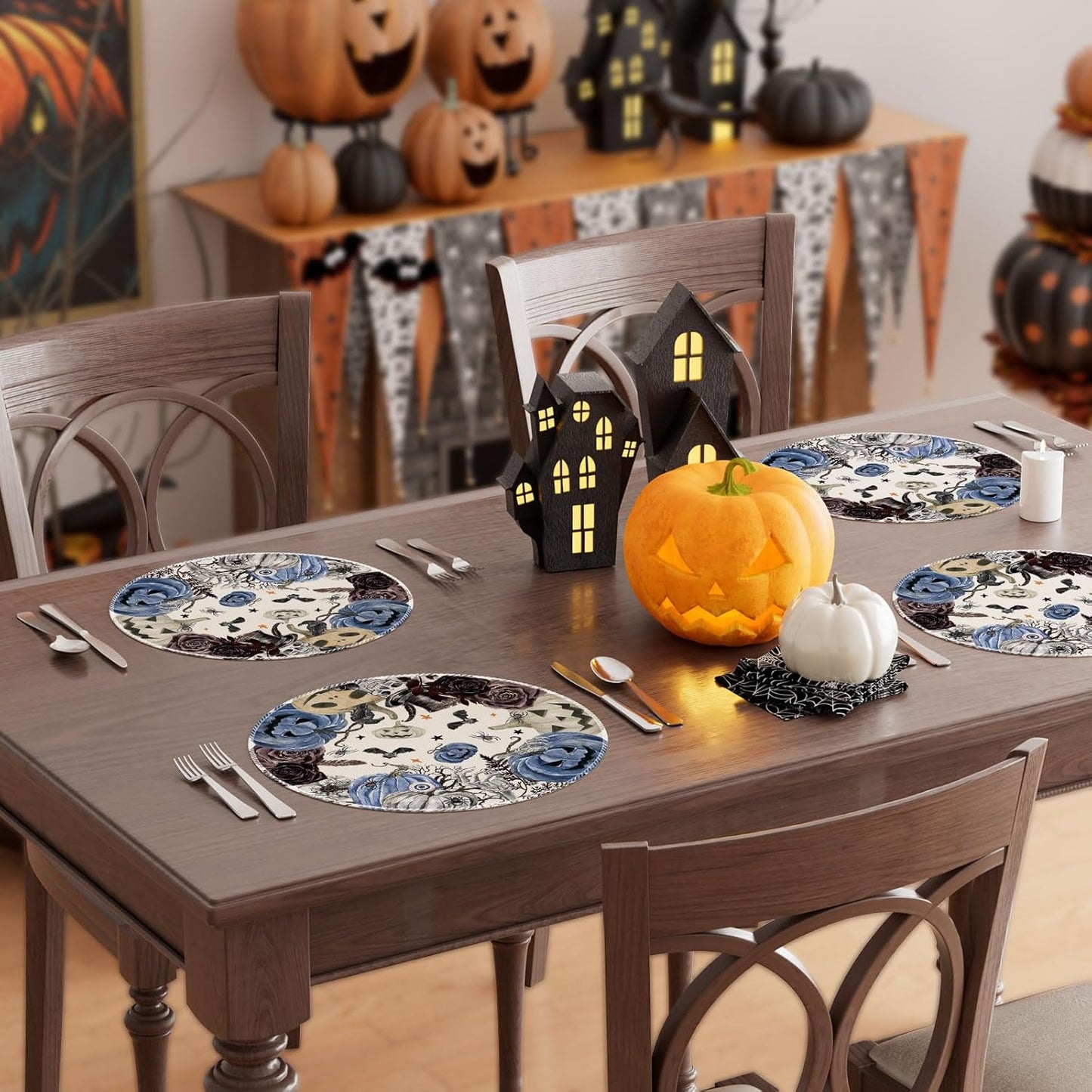XCHI Spooky Blue Pumpkin Halloween Round Placemats Set of 4 Table Mats for Party Home Kitchen Dining Table Decorations 14x14 Inch