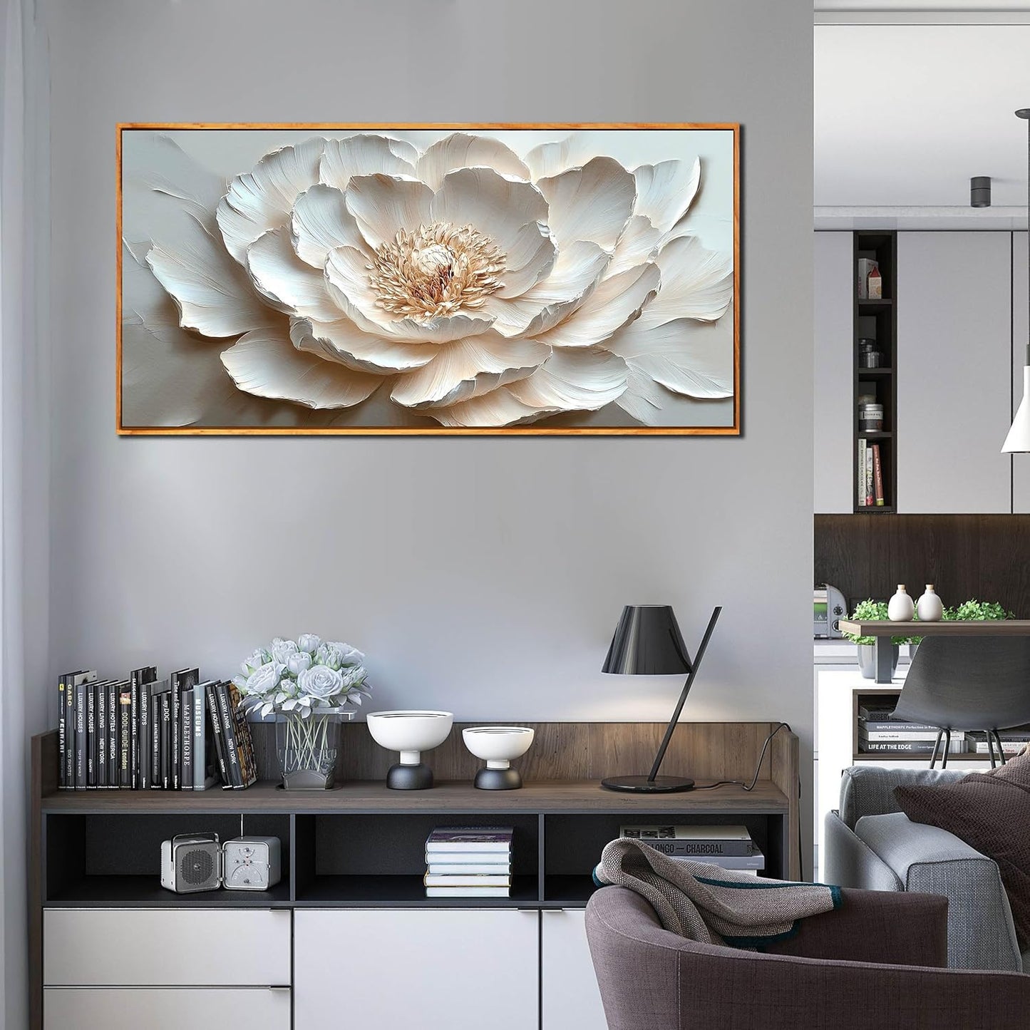 White Flower Pictures Wall Decor for Office Women - Modern Wall Art for Living Room - Wooden Framed Wall Art for Bedroom Size 29" x 59"