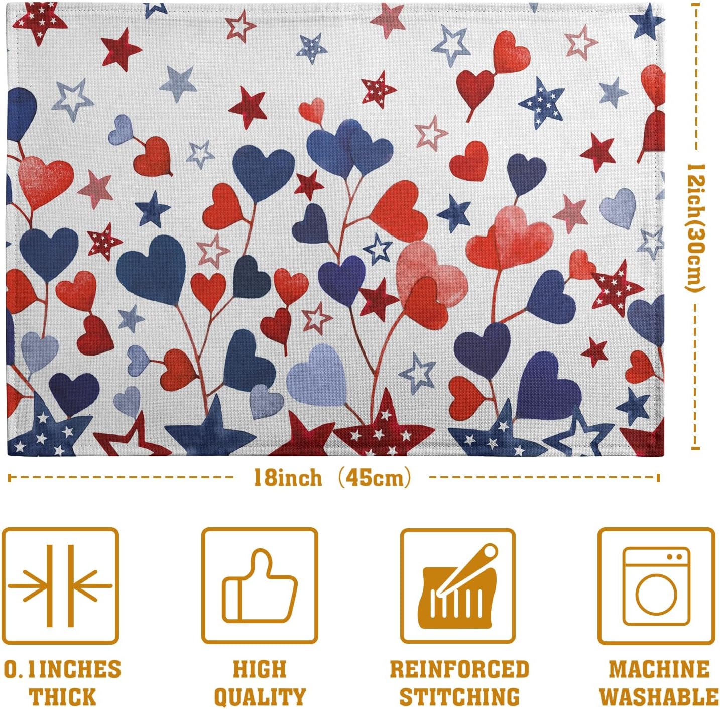 Red Blue Heart Stars 4th of July Placemats Set of 4 Patriotic America Independence Memorial Day Linen Table Mats 12x18 Inch Washable Place Mats for Party Kitchen Dining Outdoor Indoor Decor