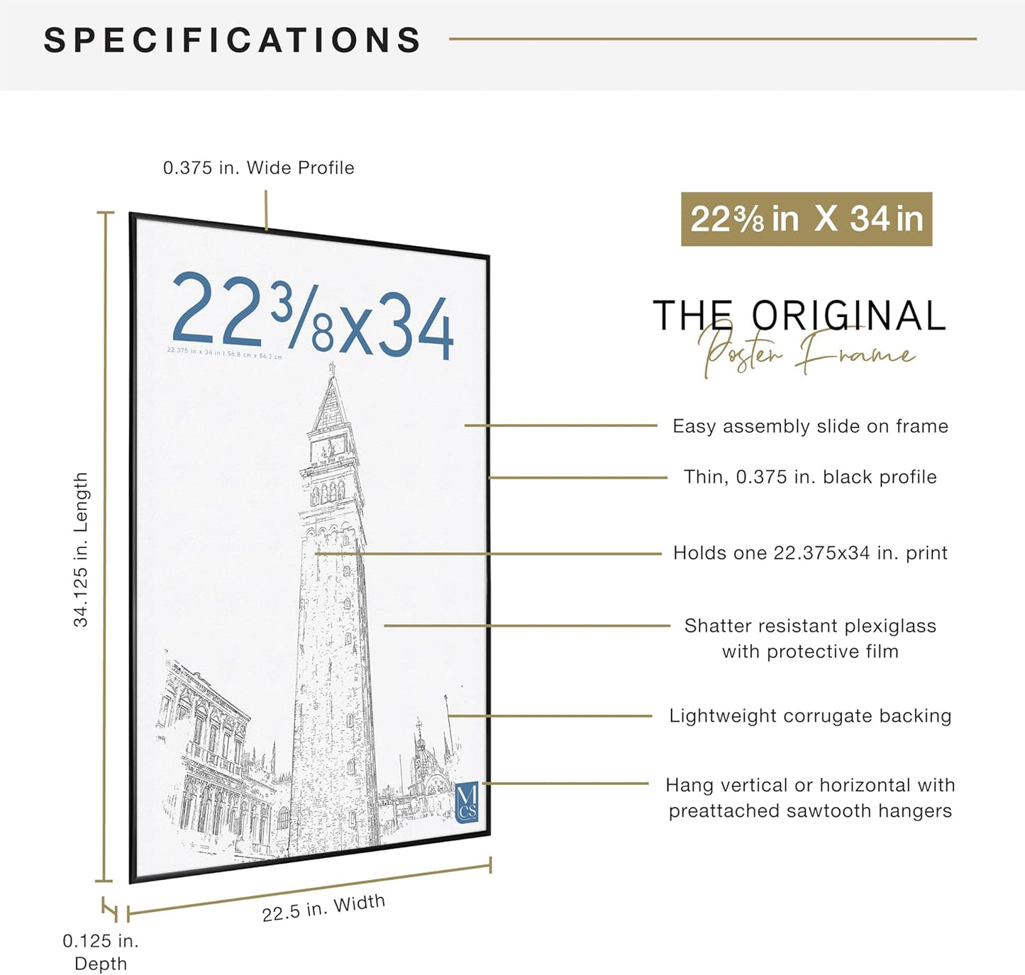 MCS Original Poster Frame 22.375x34 Black Lightweight Vertical & Horizontal Wall Hanging Large Picture Frame for Posters, Art Prints & Gallery Wall (1-Pack)