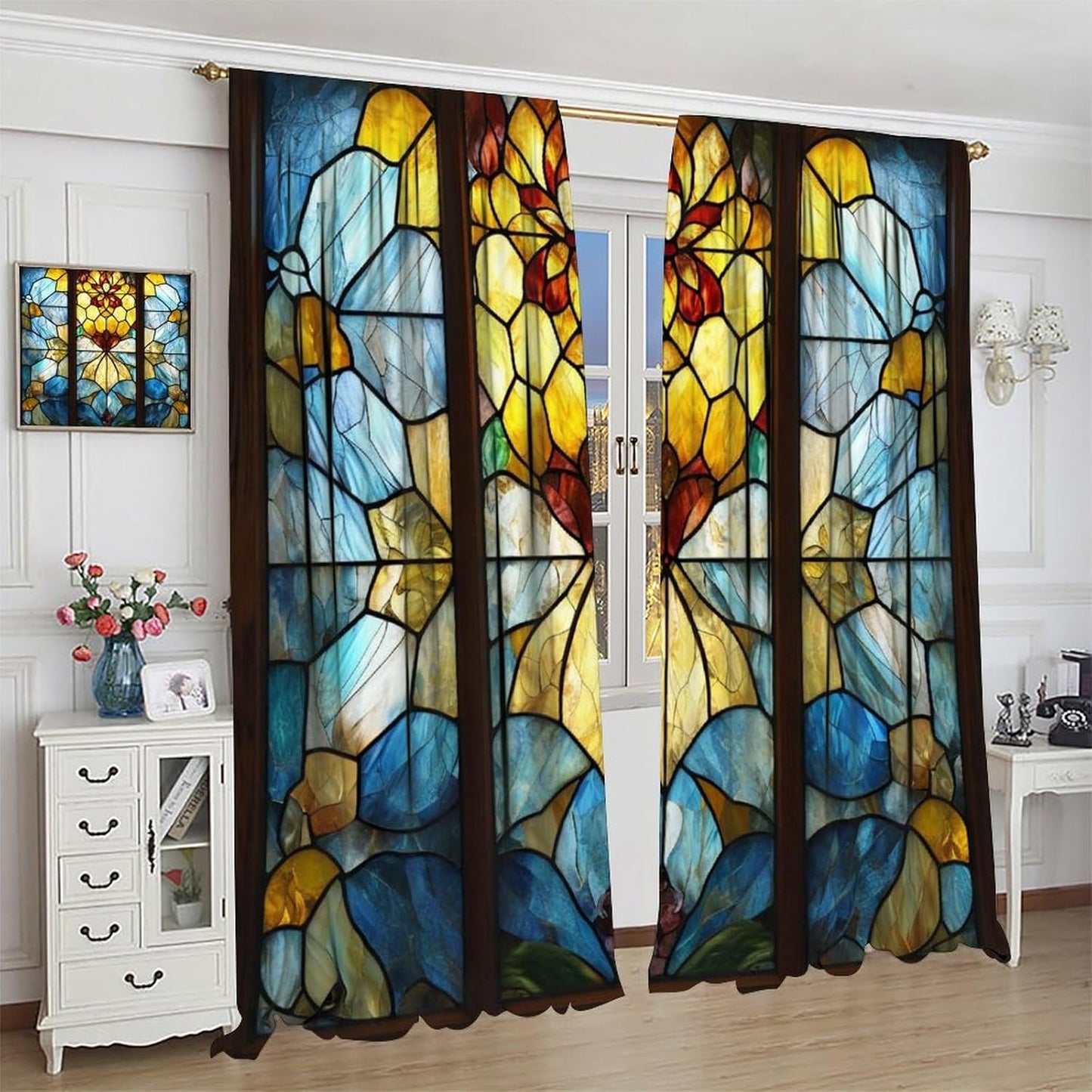 Stained Glass Curtains,Retro Abstract Colorful Art Home Decor Drapes for Bedroom Living Room Kitchen Window Treatment 2 Panels Set Total Size 63" W X 63" L Inch