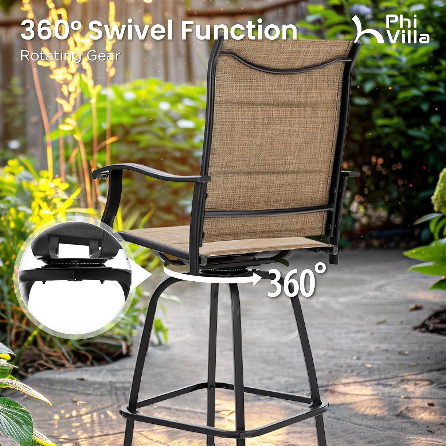 PHI VILLA 3 Piece Outdoor Bar Set, Bar Height Patio Table and Chairs with Brown Padded Textilene Fabric & Rustproof Metal Frame for Backyard, Balcony, Garden & Poolside