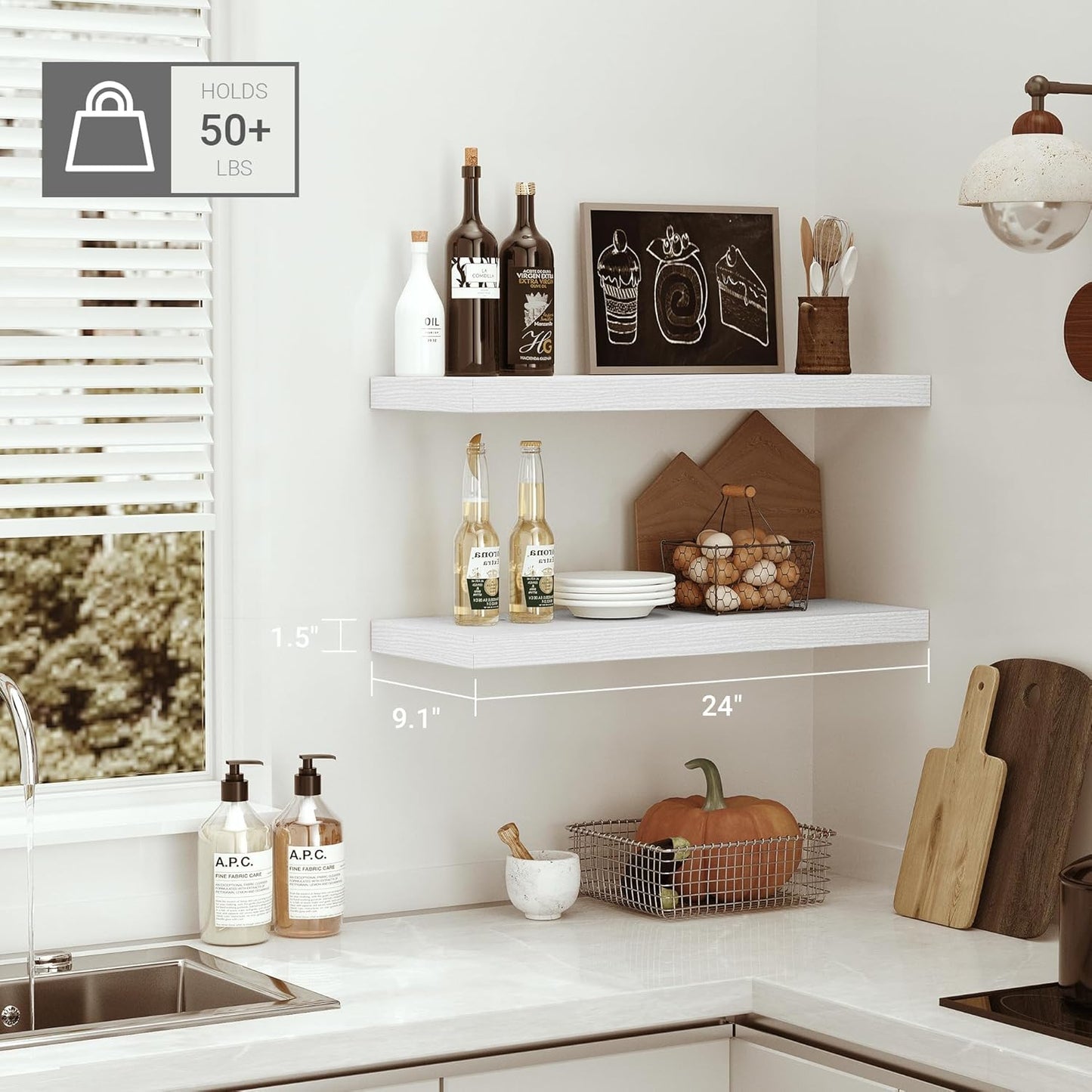 Floating Shelves for Wall 24 inchs Long, 9.1” deep x 1.5” Wall Shelf for Bedroom, Bathroom, Living Room, Kitchen, Office Home Decor, Deep Wood Shelves with Invisible Brackets, Set of 2 White