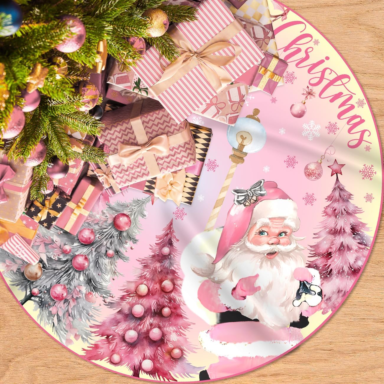 Pink Christmas Tree Skirt 48 Inch Pink Christmas Decorations Merry Christmas Santa Snowman Tree Skirt Mat Christmas Tree Decorations for Xmas Holiday Party Indoor Outdoor
