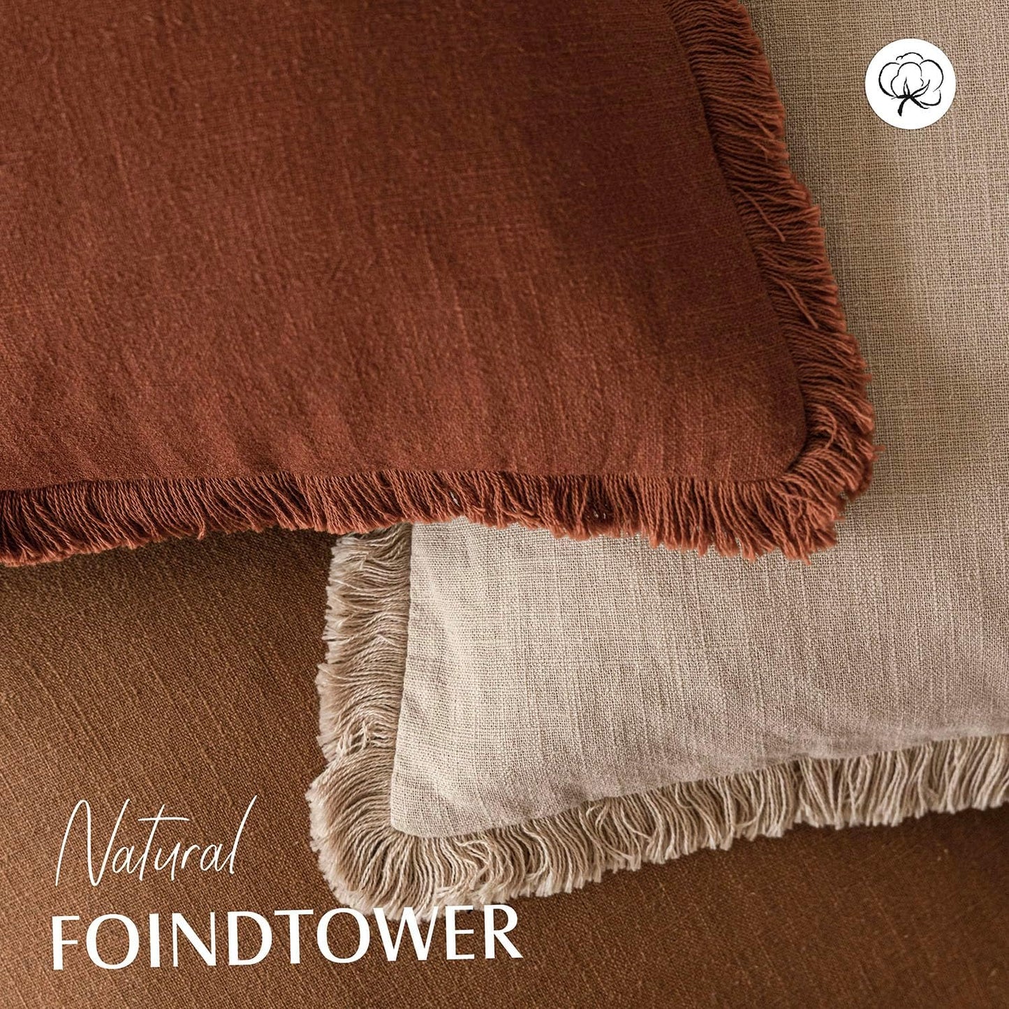 Foindtower Set of 2 Decorative Linen Fringe Throw Pillow Covers Cozy Boho Farmhouse Cushion Cover with Tassels Soft Accent Pillowcase for Couch Sofa Bed Living Room Home Decor, 26×26 Inch,Orange Brown