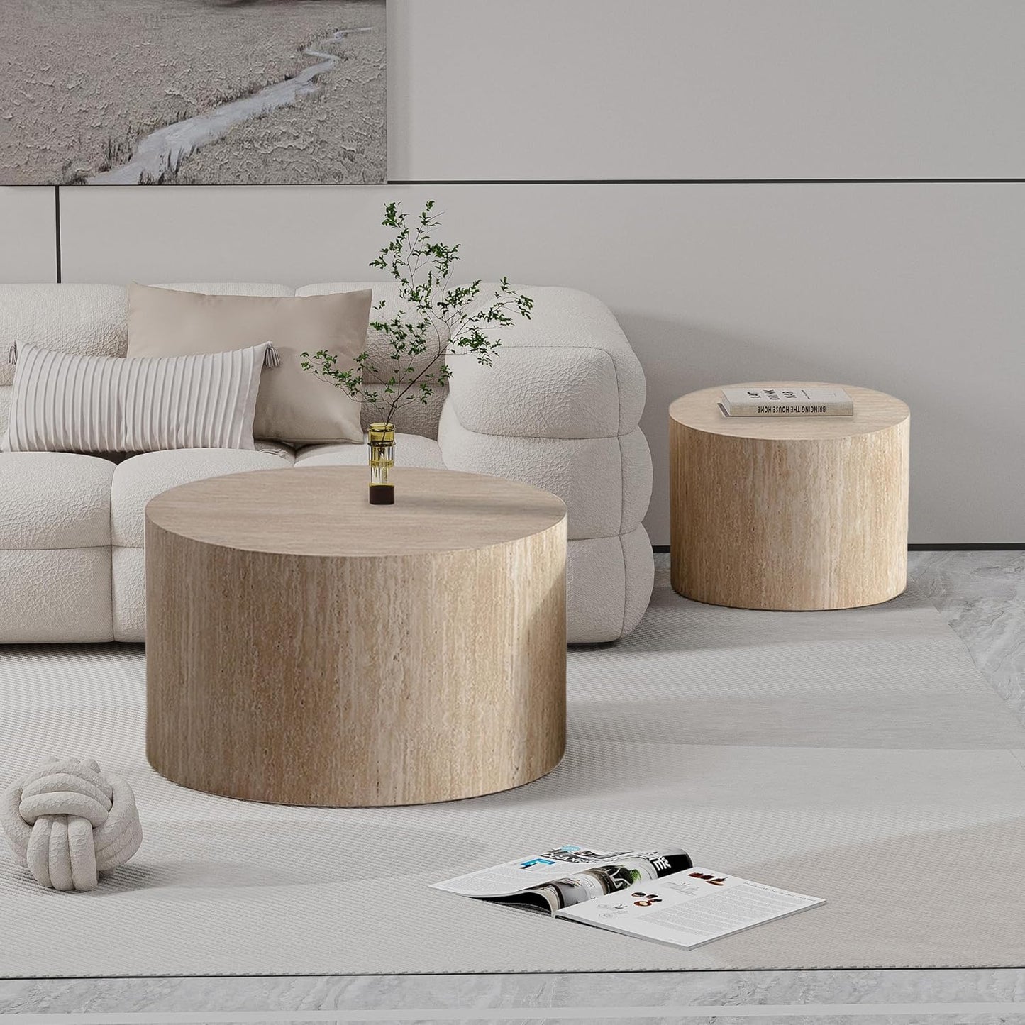 Round Nesting Coffee Table Set of 2 Modern Round Fluted Coffee Table Small Circle Coffee Tables Circular Side Table End Table Nested Coffee Tables for Living Room (Travertine 26in)
