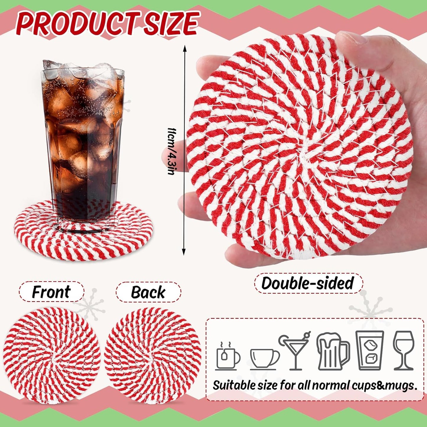 Whaline Christmas Cotton Coasters Red Green Peppermint Candy Handmade Braided Drink Coasters Absorbent Cup Mats for Xmas Holiday Party Home Table Decor, Set of 4