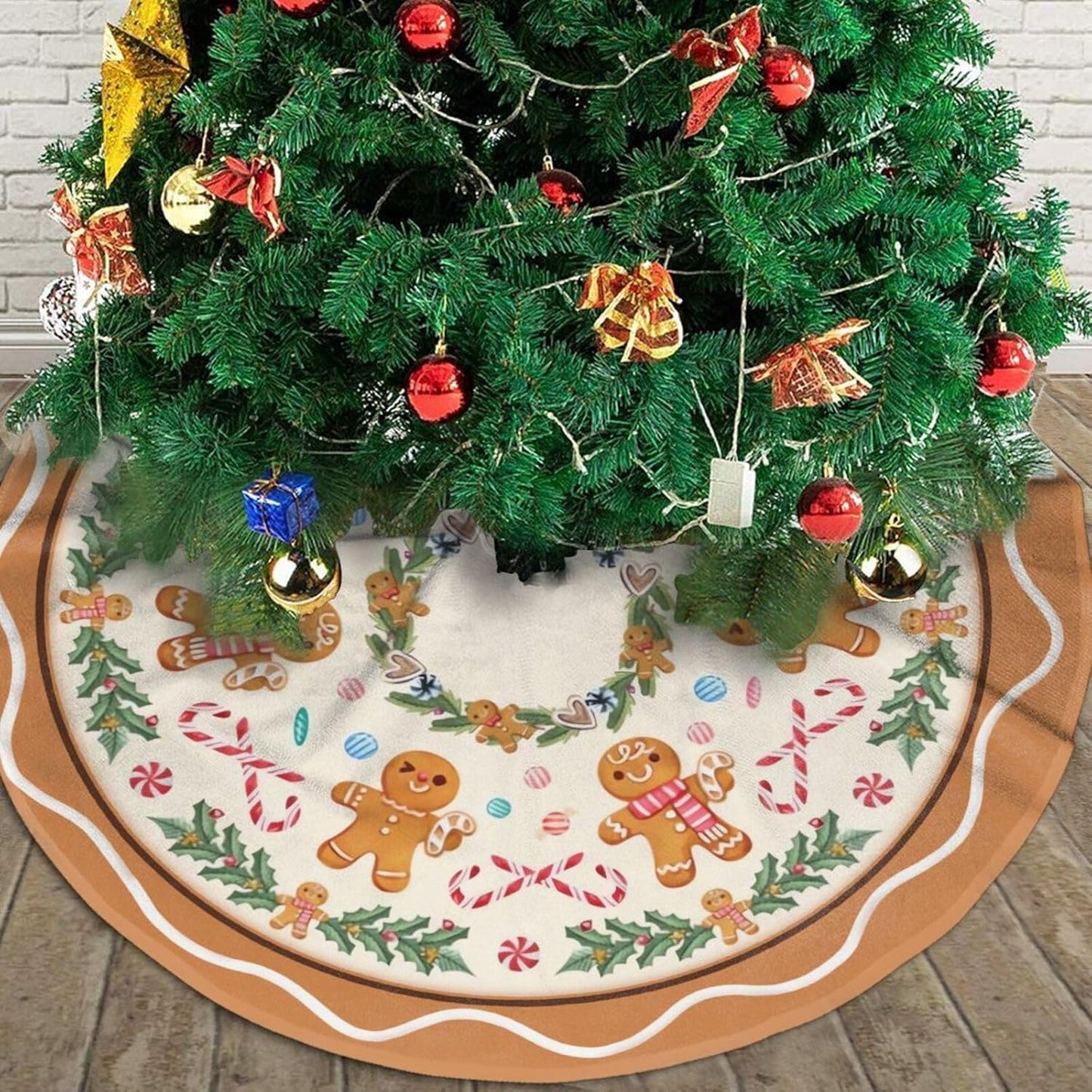 Christmas Tree Skirt,Gingerbread Xmas Tree Skirt Rustic Farmhouse Tree Skirt for Christmas Decor Xmas Holiday Home Party Decorations30
