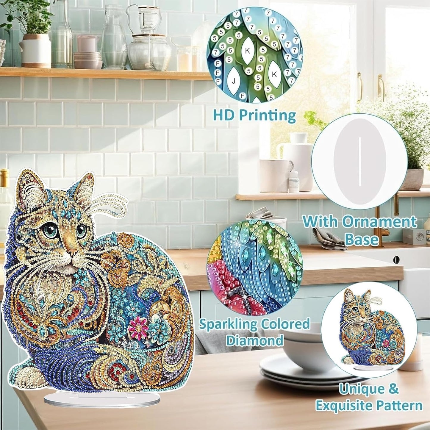 Diamond Painting Kits for Adults Beginners, 5D Full Drill Cat Crystal Art Desktop Ornament, DIY Single Sided Home Office Desk Decor, Creative Craft Gift Set with Tools