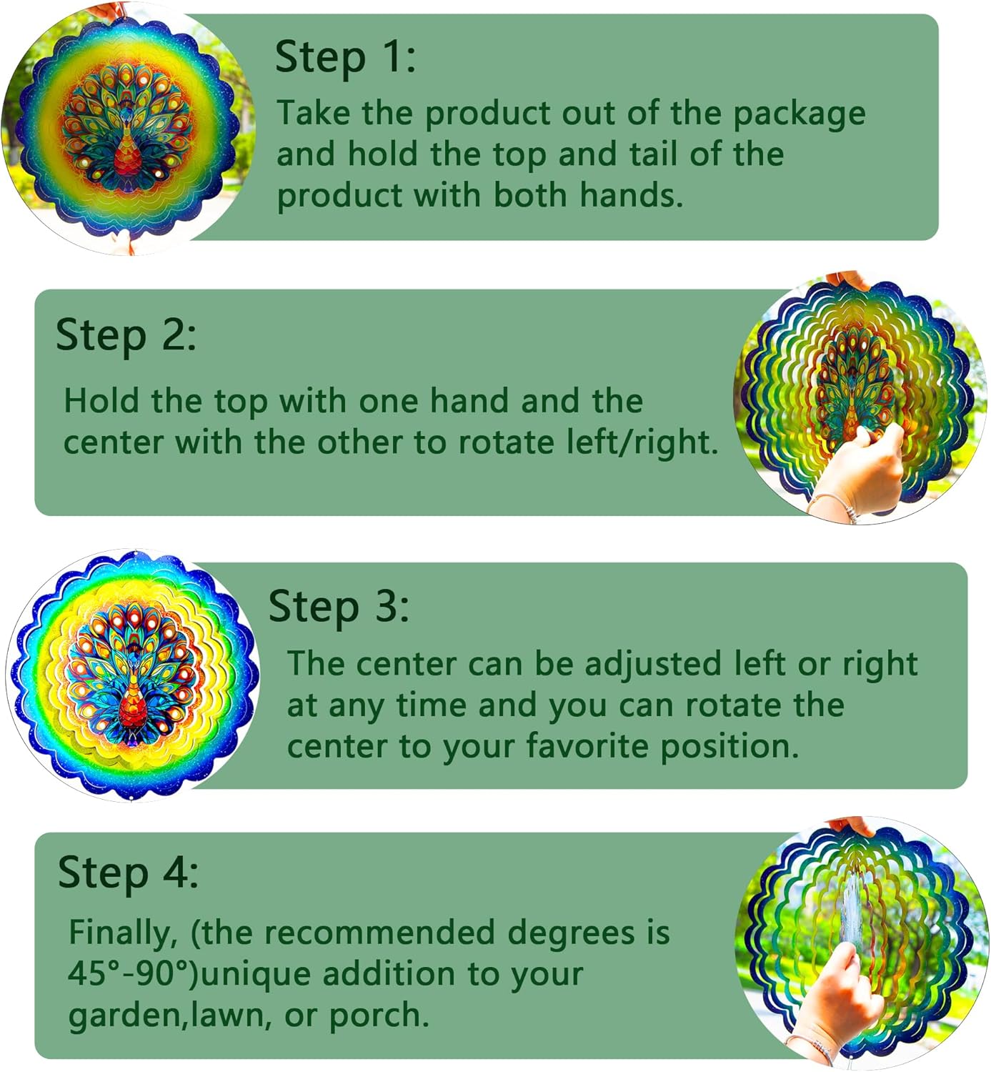 Peacock Hanging Wind Spinners,12 Inch 3D Garden Spinner Kinetic Art Garden Decorations，Stainless Steel Reflective Wind Spinners for Yard