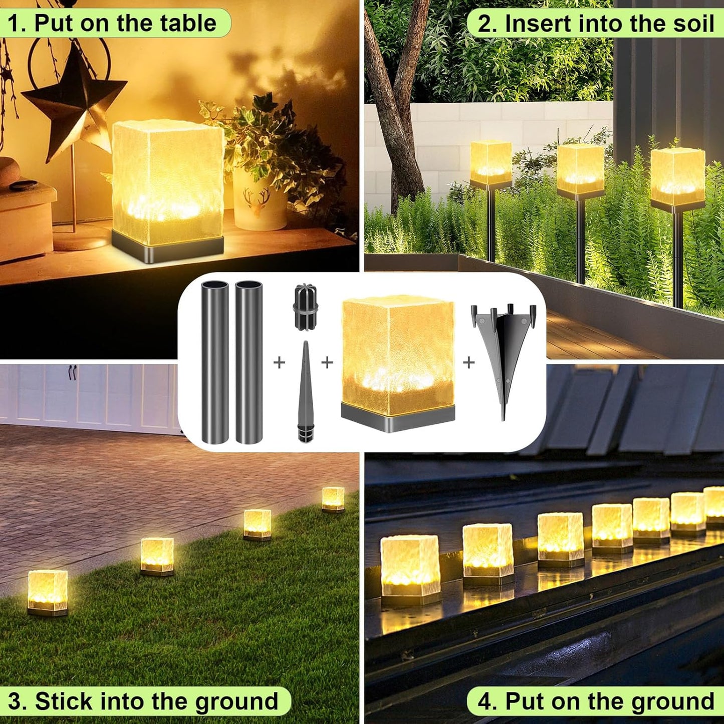 Solar Garden Lights Outdoor, Solar Powered Ice Brick Light Waterproof, Multi-use LED Pathway Landscape Lighting – Auto On/Off Decoration for Table, Ground, Lawn (Warm White, 1 Pack)