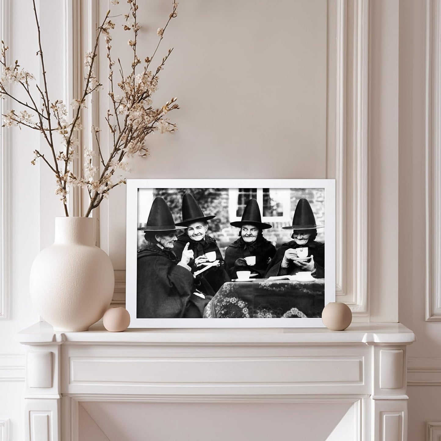 Poster Master Classic Photograph Poster - Vintage Halloween Print - Gift for Artist, Friend - Witches Tea Party, Old Women Smiling, Wearing Robes - Wall Decor for Living Room, 11x14 White Framed