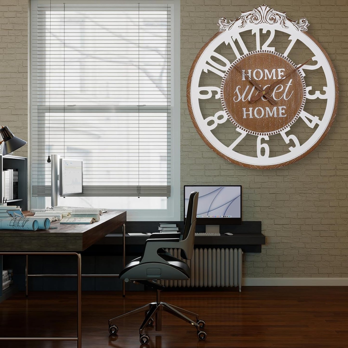 Wall Clock Large- Farmhouse Wall Clock 24 Inch Decorative Engraved Numerals Rustic Wooden Wall Clocks, Big Wall Watch Silent Battery Operated for Kitchen Bedroom Living Room Fireplace Mantel