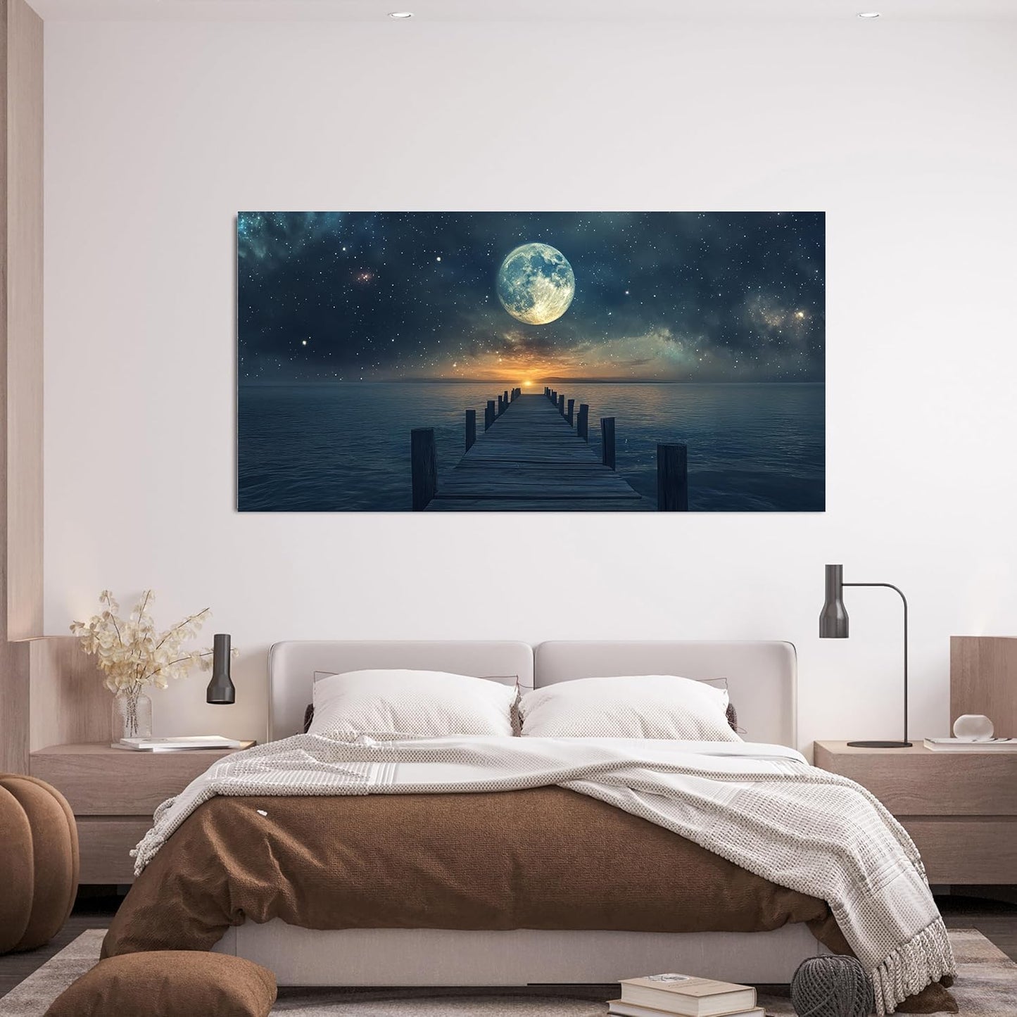 Canvas Wall Art Decor Artwork for Walls Large Wall Art Pictures for Living Room Landscape Coastal Wall Art Natural Blue Wall Decor Art Prints Star Moon Art Work for Home Office Wall Decor 24" x 48"