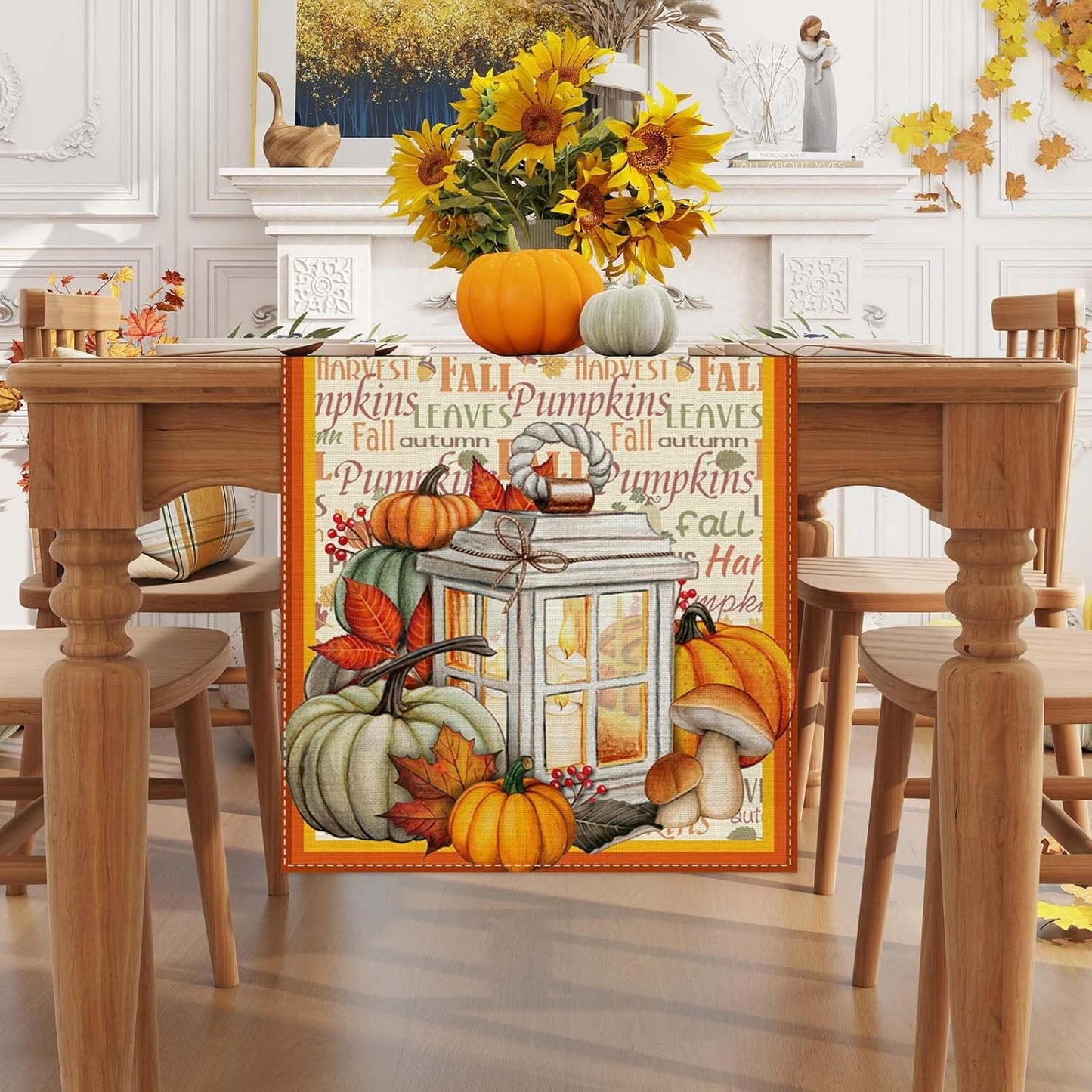 Linen Fall Table Runner - 72 Inch Farmhouse Leaves Pumpkin Table Decor Autumn Thanksgiving Home Kitchen Dining Room Decorations