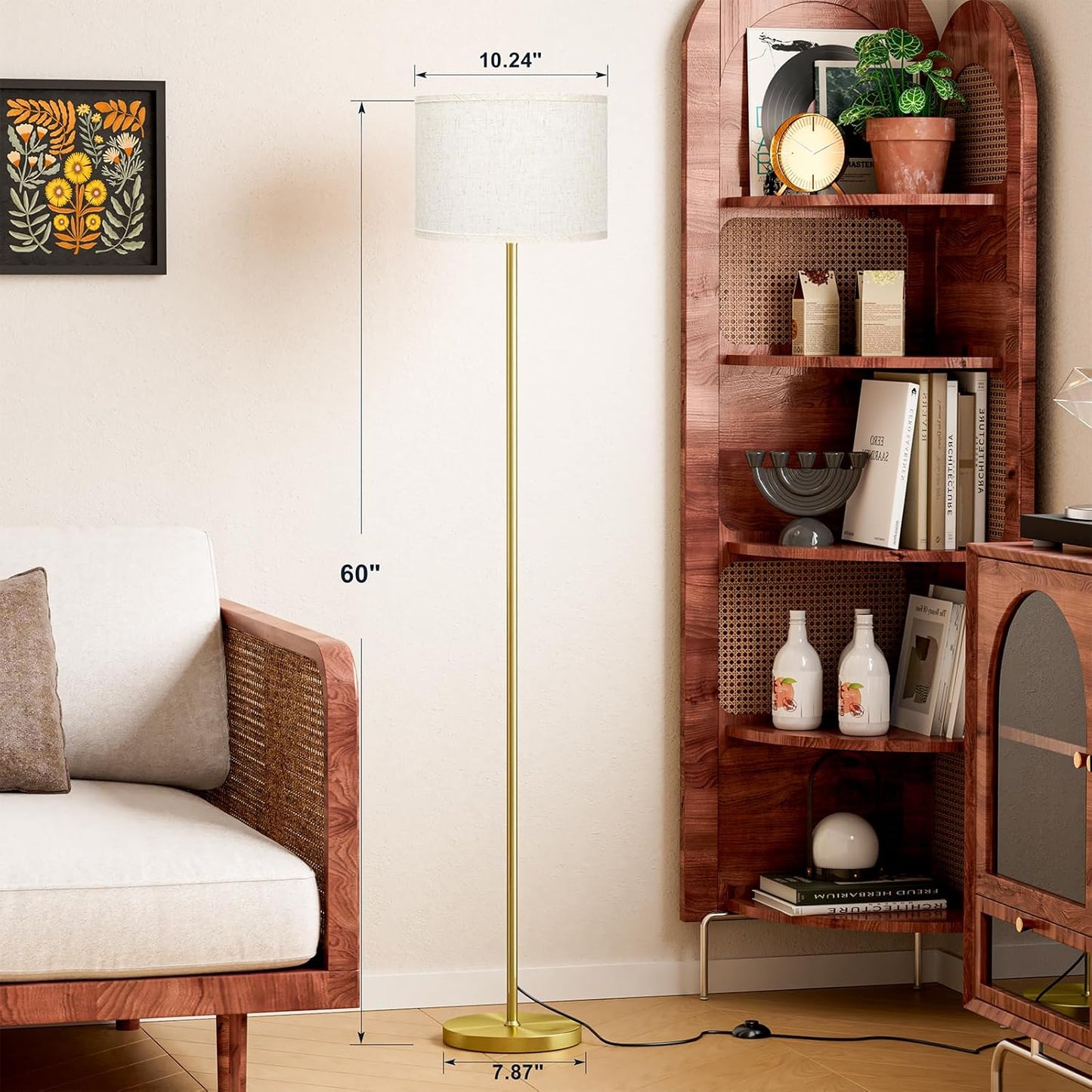 Ambimall 60'' Modern Floor Lamp with Shade, Tall Lamps for Living Room, Bedroom, Office, Dining Room, Beige Shade with Brushed Gold Pole(Without Bulb)