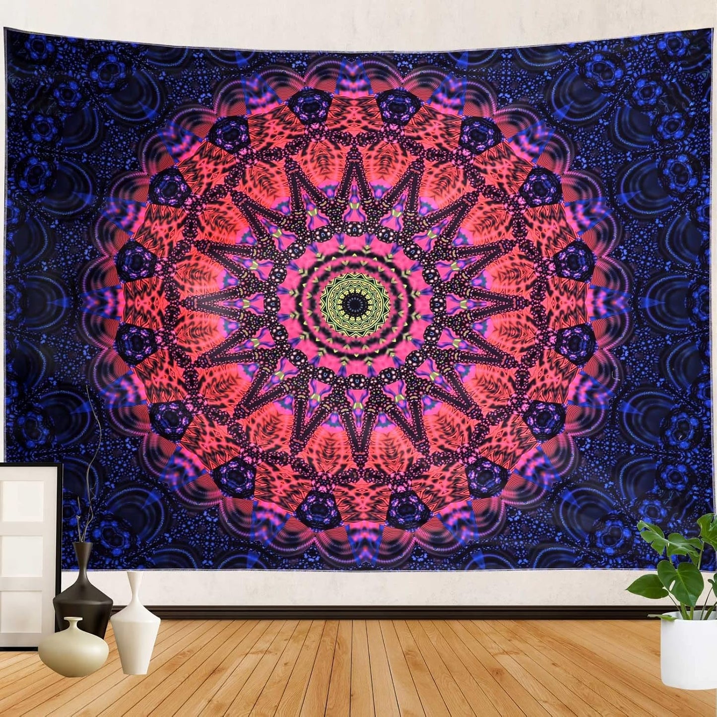 ADDWel Blacklight Mandala Boho Tapestry Glow In The Dark, Black Light Bohemian Hippie Poster Wall Hanging for Bedroom Aesthetic Wall and Room Decor (60" x 80", Mandala)