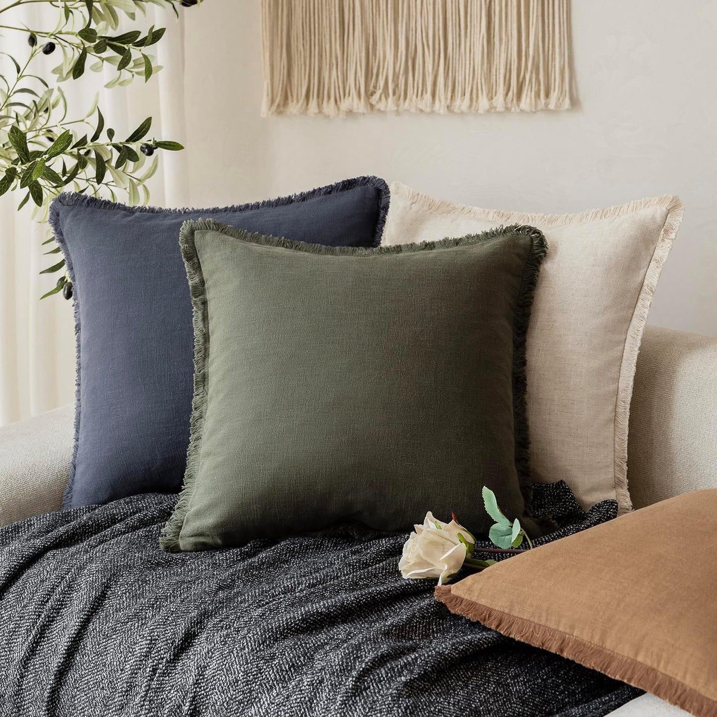 Foindtower Set of 2 Decorative Linen Fringe Throw Pillow Covers Cozy Farmhouse Cushion Cover with Tassels Accent Pillowcase for Couch Chair Sofa Bed Living Room Home Decor,16×16 Inch,Dark Olive Green