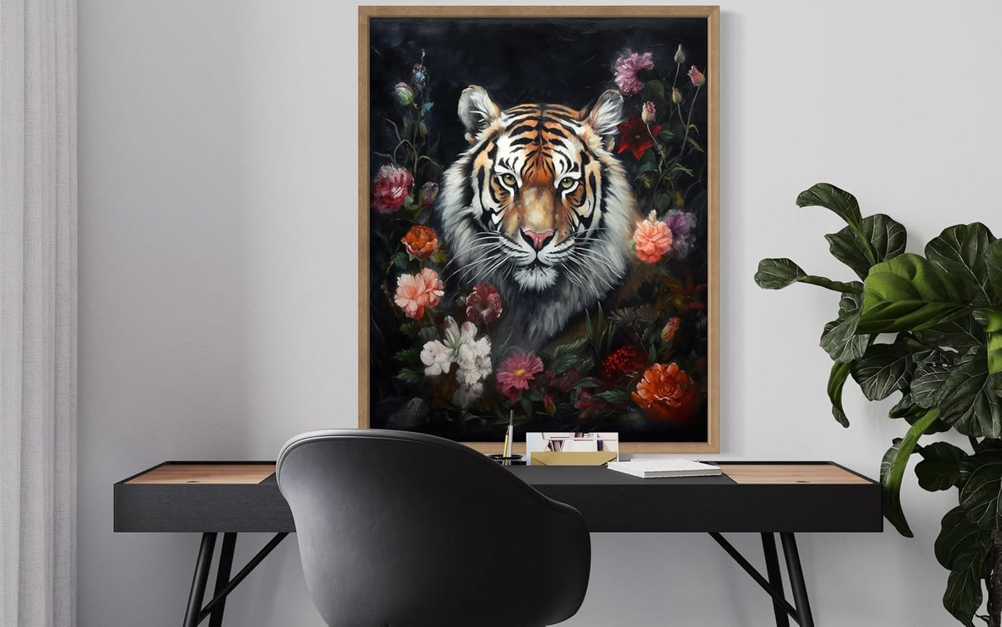 Tiger and Flower Poster Art Print, Halloween Scary Vintage Wall Art Academia Spooky Painting Decoration for Horror Prints, Gothic Posters Bedroom Decor 89 (Tiger and Flower, 11 x 14 inches, Wood Frame)
