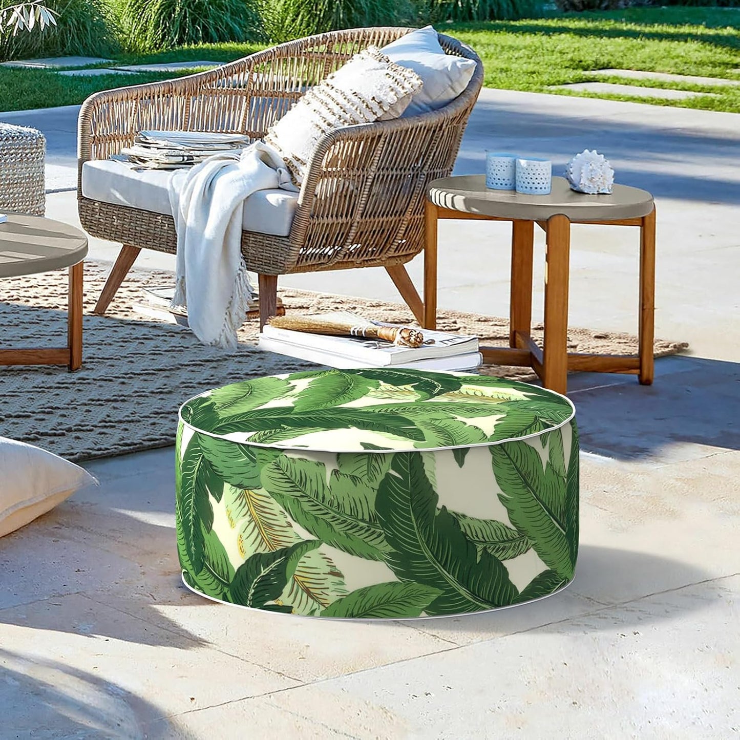 LVTXIII Outdoor/Indoor Round Inflatable Ottoman, All Weather Patio Footstool, Portable Footrest Seat for Patio Garden, Camping or Home, 21"x21"x9", Swaying Palms Green