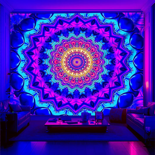 PSYHILAR Blacklight Mandala Tapestry for Bedroom, Black Light Posters for Adults and Teens, Colorful UV Reactive Aesthetic Bohemian Wall Art Decor (80 x 60 Inches)