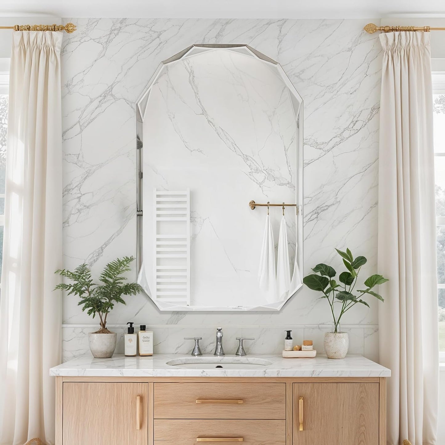 Bathroom Mirror for Wall, 30" x 48" Arched Mirror, Bathroom Vanity Mirror, Beveled Edge Frameless Wall Mount Vanity Mirrors, Wall Mirrors Decorative, Irregular Beveled Edge Mirror