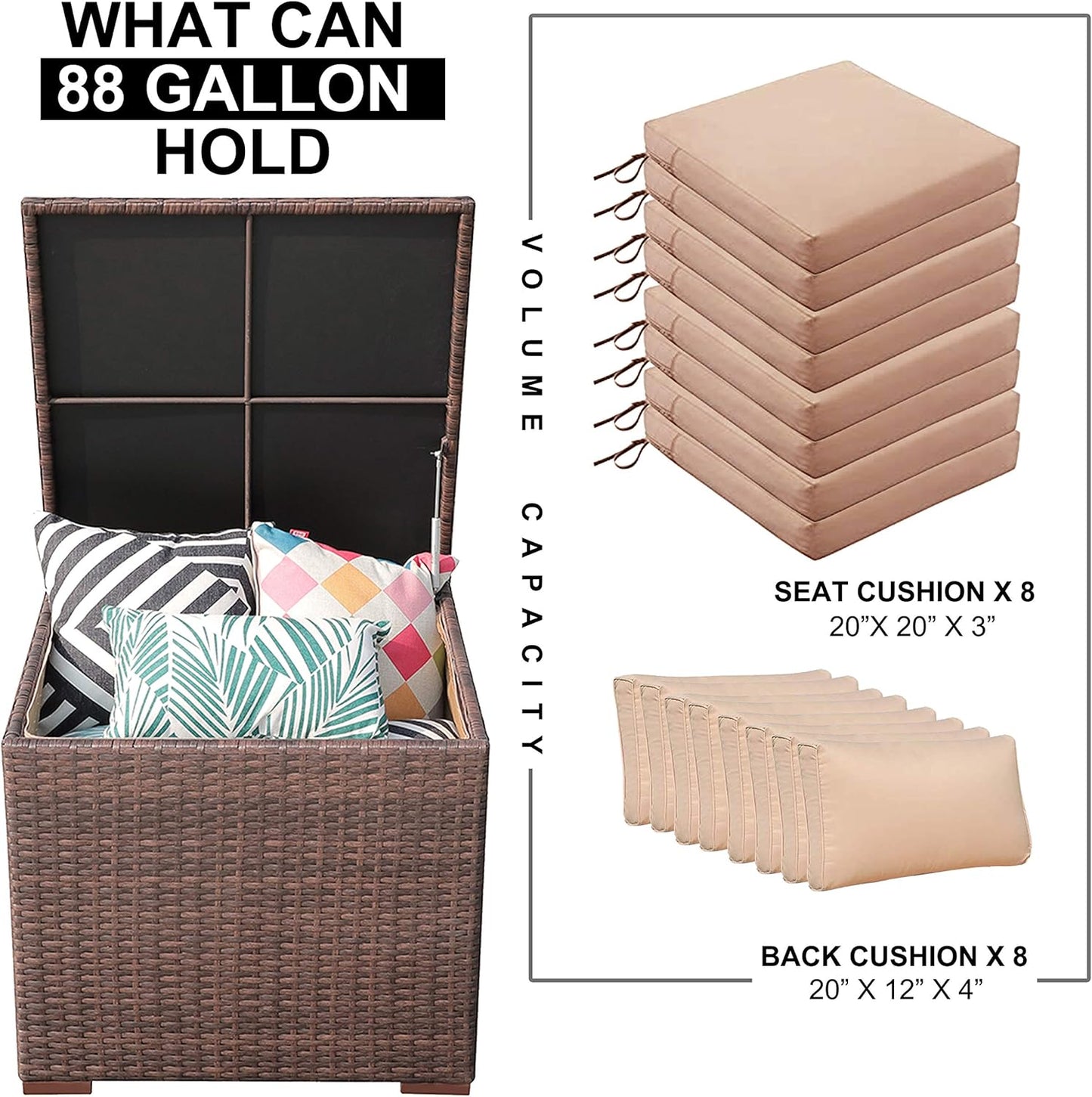 Super Patio Wicker Outdoor Patio Storage Box Waterproof, Rattan Storage Bin Deck Box for Cushions, Garden Tools, 88 Gallon, Brown