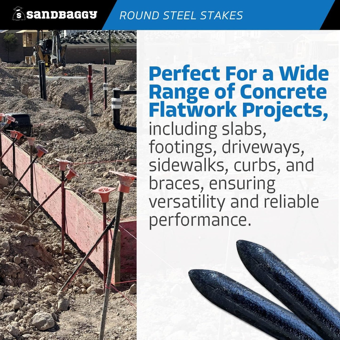 Sandbaggy Round Steel Concrete Form Stakes with Nail Holes - Rust Resistant Coating - Removable, Reusable (10, 3/4 in X 36 in)