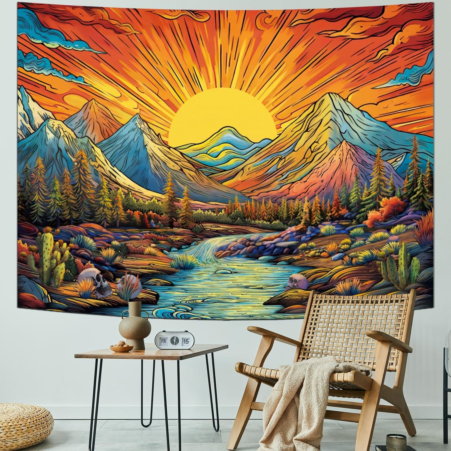 Serborlur Boho Sun Mountain Tapestry Trippy Forest Tree Tapestries Vintage Aesthetic Plant Magical River Wall Tapestry Nature Landscape Wall Hanging for Bedroom Living Room (59.1 × 78.7 inches)