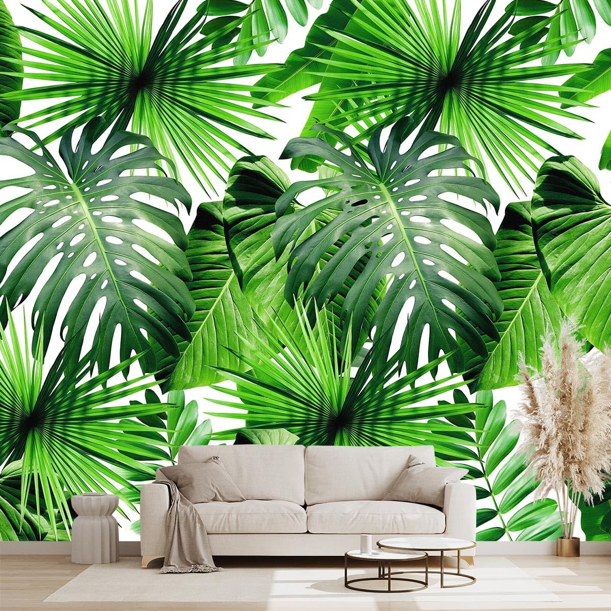 Tropical Green Botanical Leaf Wallpaper Bedroom Plant Mural Room Decor Living Room tv Background Large Wall Mural - 137"x96" (Not Peel and Stick)