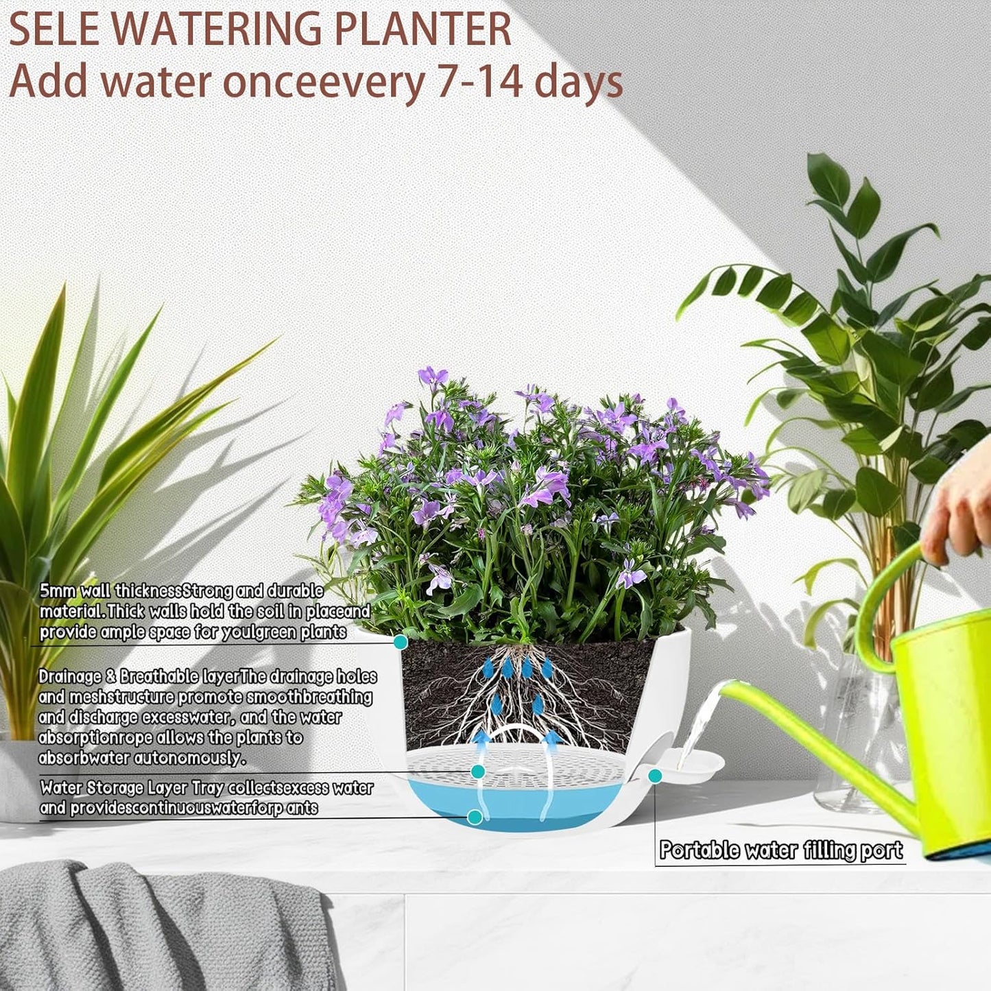 2 Pack 12 Inch Large Hanging Planters with Chains Self Watering White Plastic Hanging Pots for Indoor Outdoor Plants, Garden Porch Home Decor，White