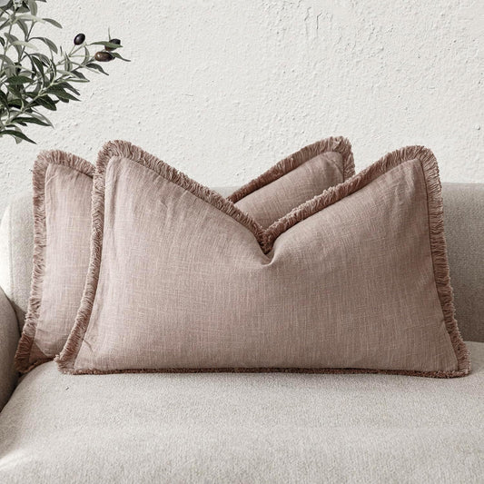 Foindtower Set of 2 Decorative Linen Fringe Lumbar Throw Pillow Covers Farmhouse Cushion Cover with Tassels Soft Accent Pillowcase for Couch Sofa Bed Living Room Home Decor,12×20 Inch,Dusty Pink