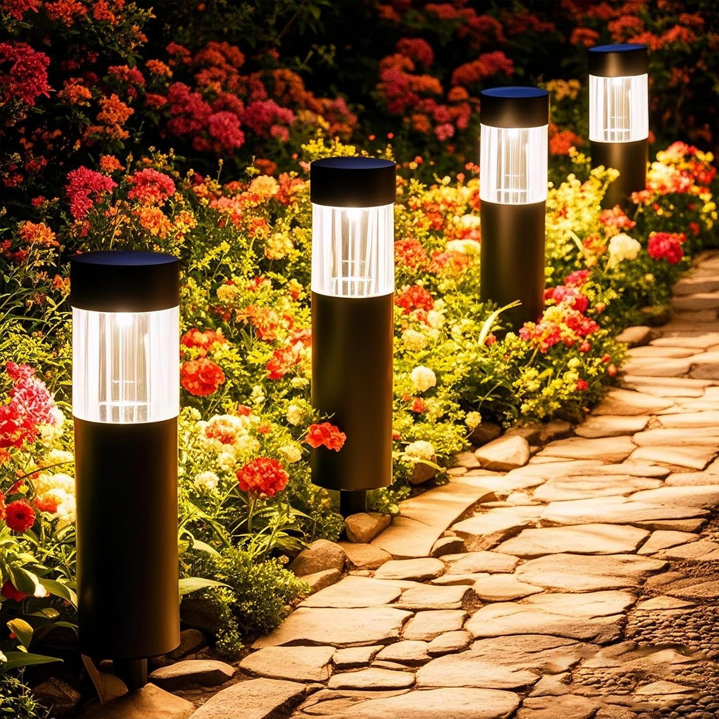 Solar Pathway Lights Outdoor Waterproof, 4 Pack Stainless Steel Stake Lights, Bright 35LM 3000K Warm White LED, IP65 Auto On/Off Landscape Lighting for Garden, Yard, Lawn, Walkway, Patio, Driveway