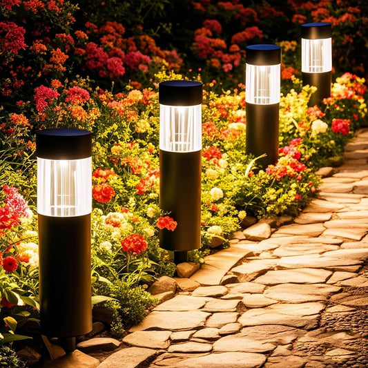 Solar Pathway Lights Outdoor Waterproof, 4 Pack Stainless Steel Stake Lights, Bright 35LM 3000K Warm White LED, IP65 Auto On/Off Landscape Lighting for Garden, Yard, Lawn, Walkway, Patio, Driveway