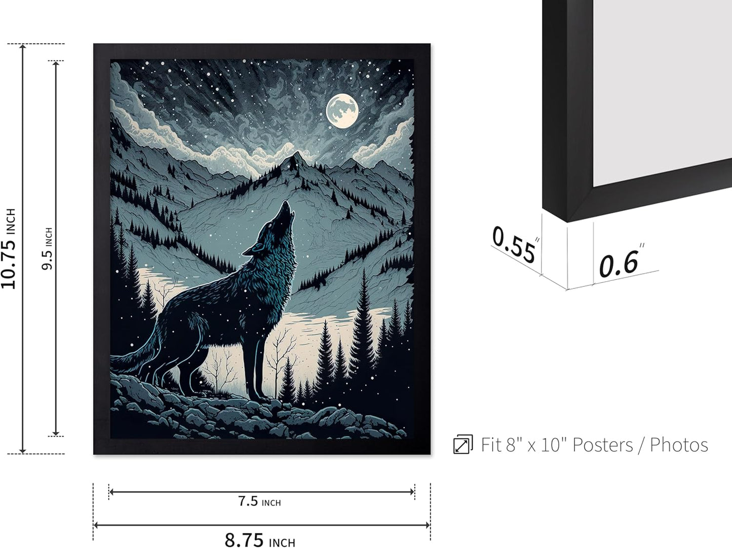 Poster Master Vintage Illustration Poster - Retro Animal Print - Gift for Artist, Friend - Wolf Howling at the Moon, Mountain, Snow, Landscape - Wall Decor for Home, Office, 8x10 Black Framed