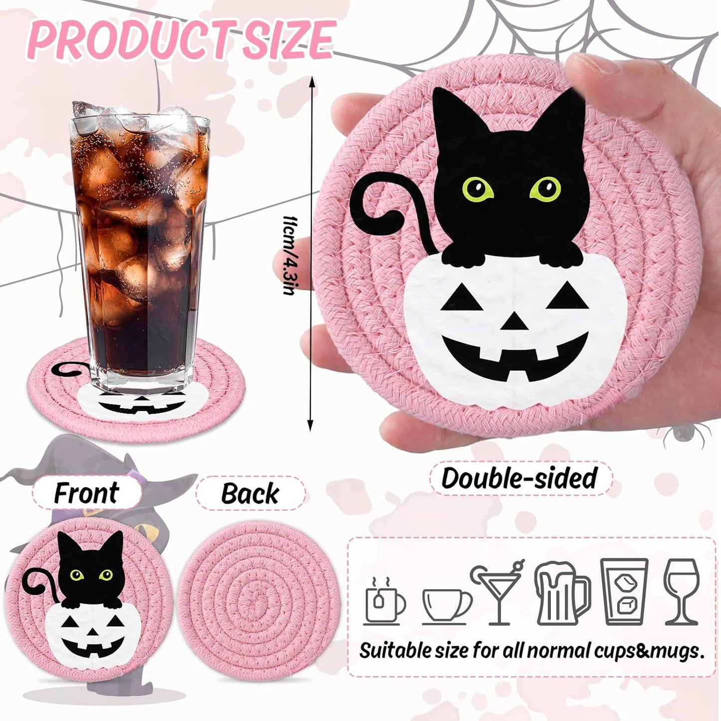 Whaline Halloween Handmade Braided Cotton Coasters Pink Cute Ghost Boo Black Cat Drink Coasters Absorbent Cup Coasters for Halloween Party Home Office Decor, Set of 4